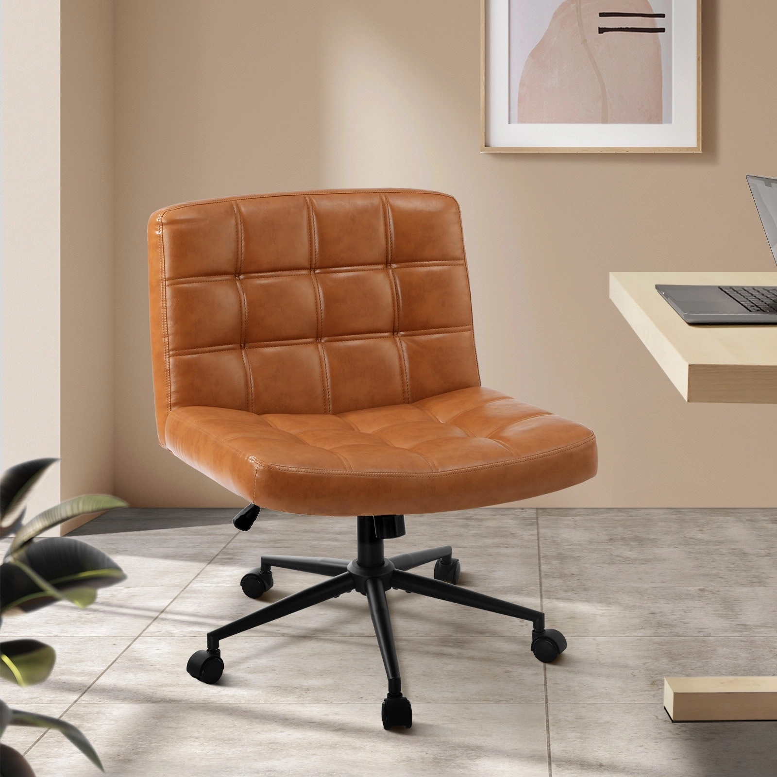 Oikiture Mid Back Armless Office Desk Chair Wide Seat PU Leather Brown w/Wheels