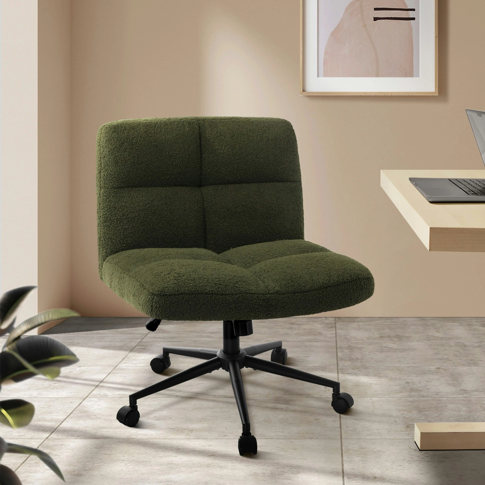 Oikiture Mid Back Armless Office Desk Chair Wide Seat with Wheels Boucle Green