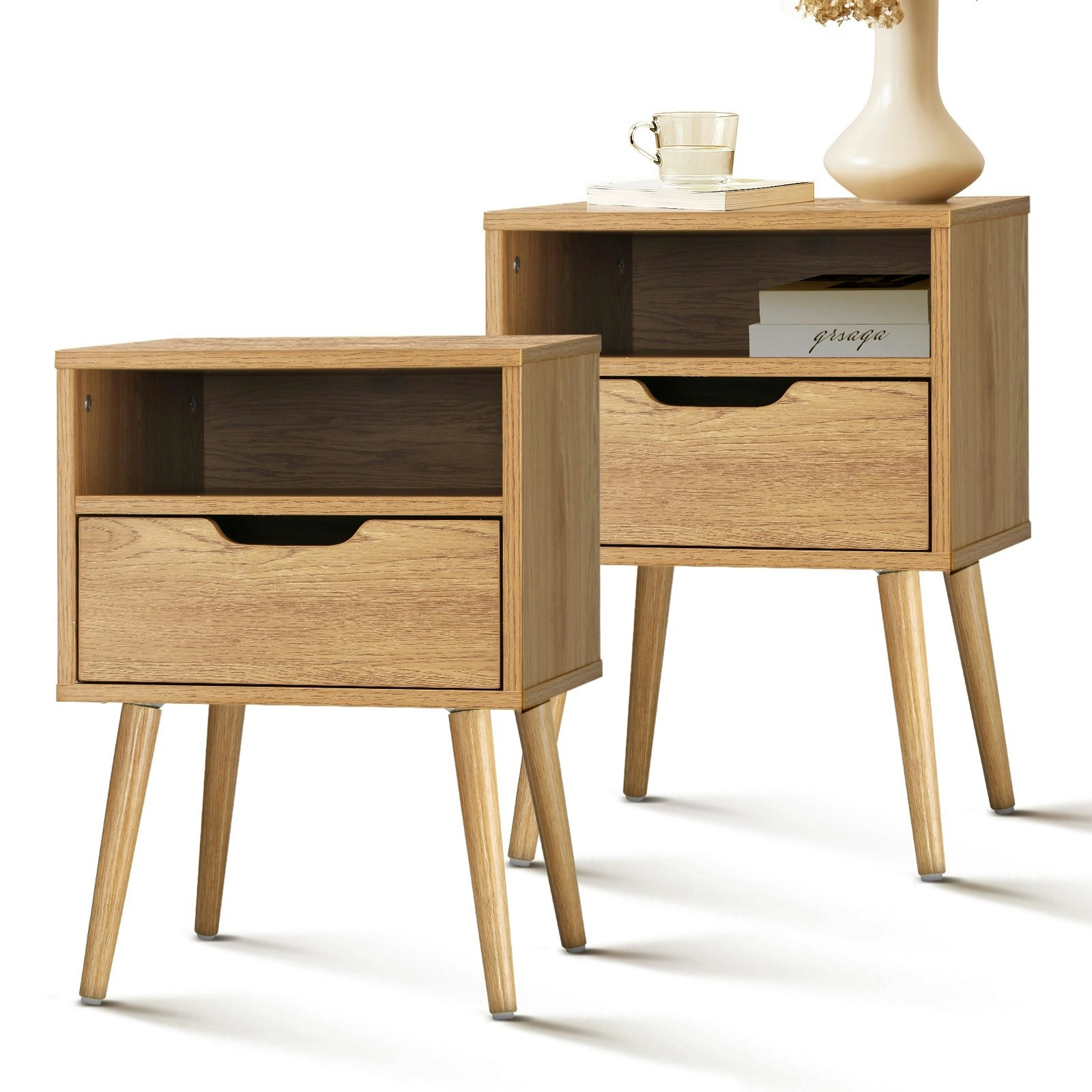 Oikiture Bedside Tables Set of 2 Side Table Nightstand Bedroom Cabinet Wood