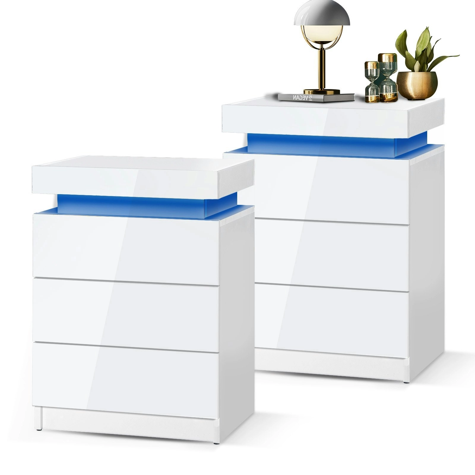 Oikiture Bedside Tables Set of 2 LED Nightstand Cabinet Side Table White