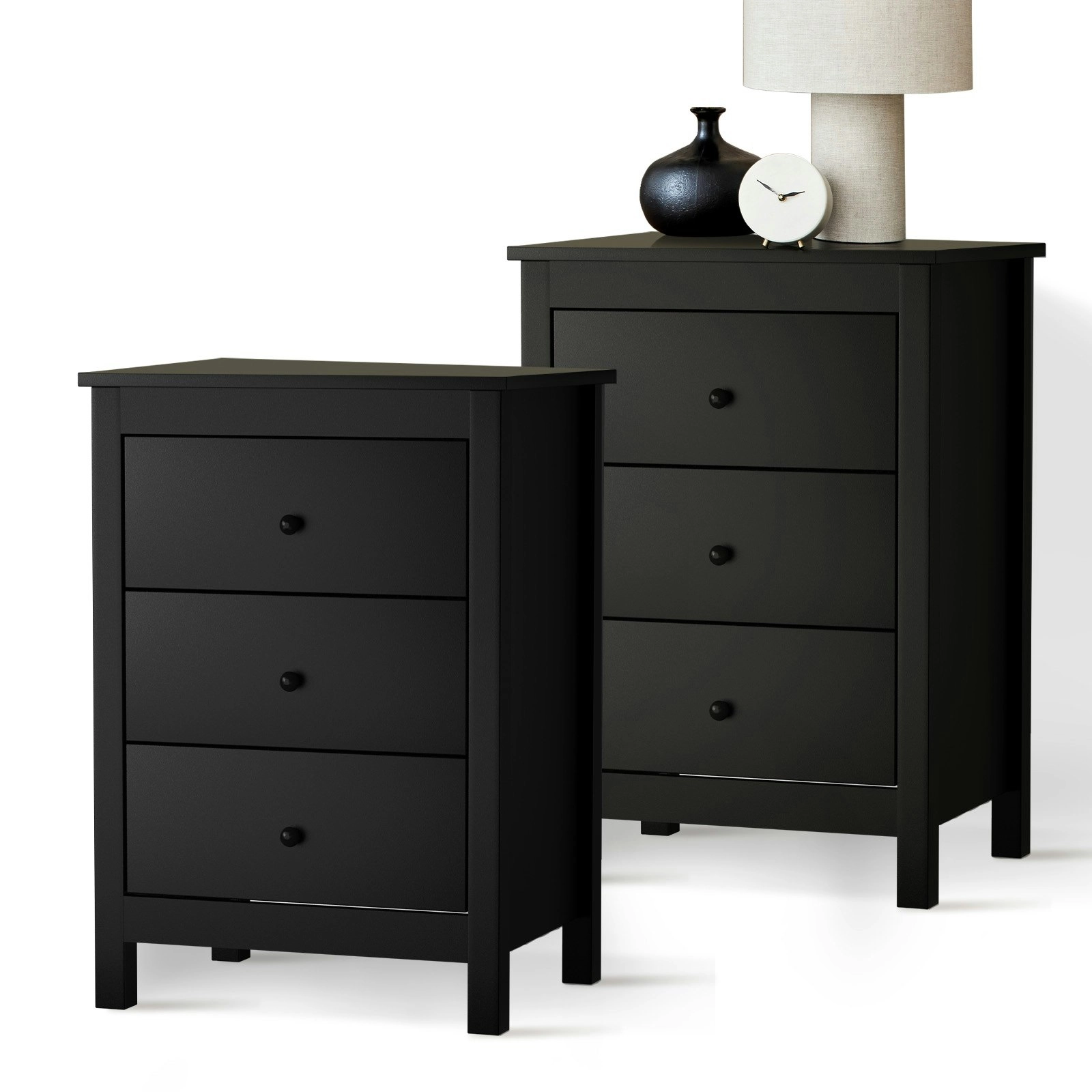 Oikiture Bedside Tables Set of 2 Nightstands Storage Cabinet 3 Drawers Black