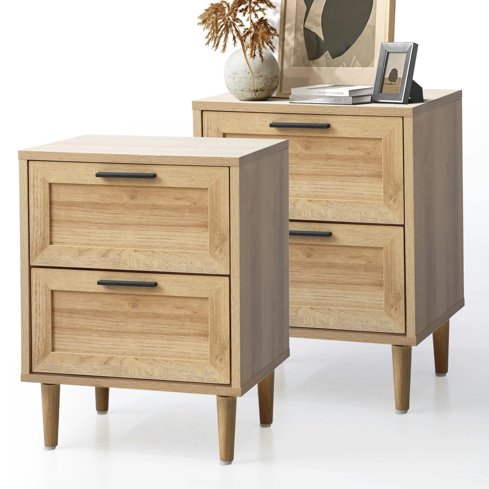 Oikiture Bedside Tables Set of 2 Nightstand Side End Table Bedroom Storage Wood