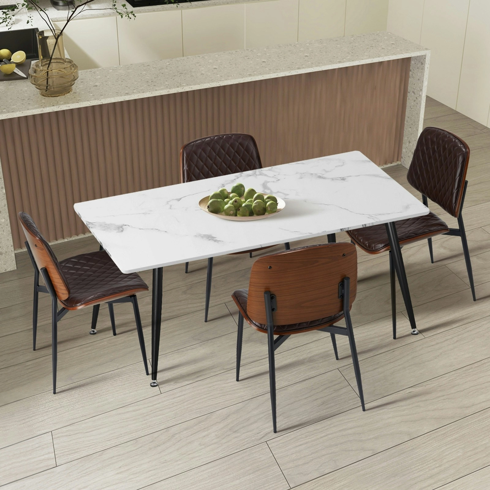 Oikiture 120cm Rectangle Dining Table with 4PCS Dining Chairs PU Walnut