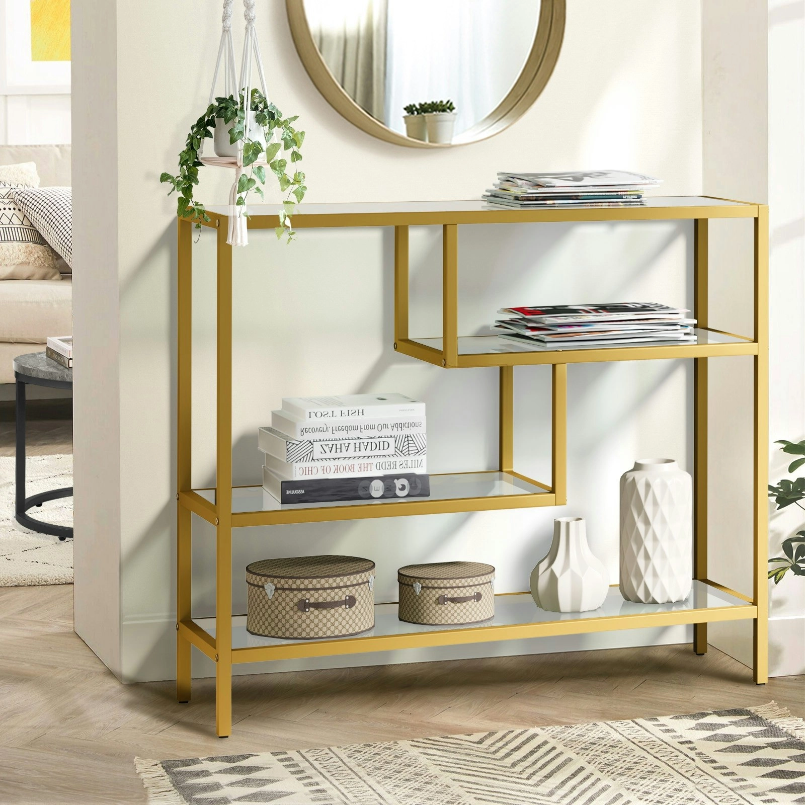 Oikiture 4 Shelves Console Table Tempered Glass Sofa Table Hall Side Entry Gold