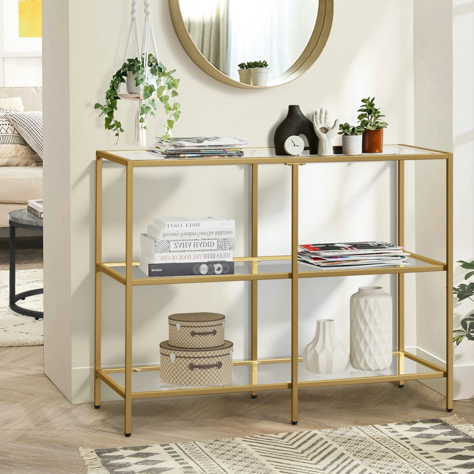 Oikiture 3 Shelves Console Table Tempered Glass Sofa Table Hall Side Entry Gold