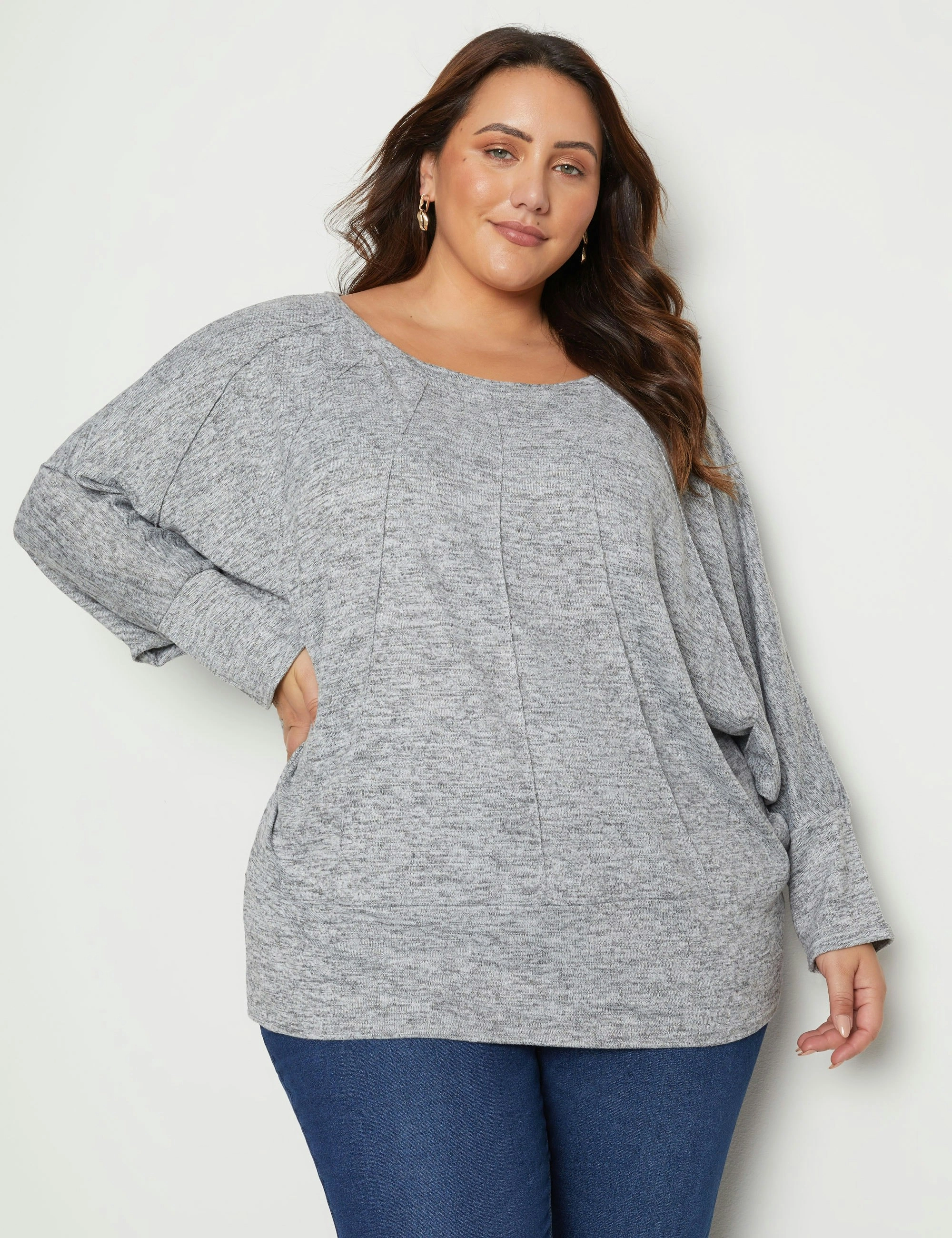 beme 3/4 Dolman Sleeve Basque Hem Knitwear Top (Grey Marle)