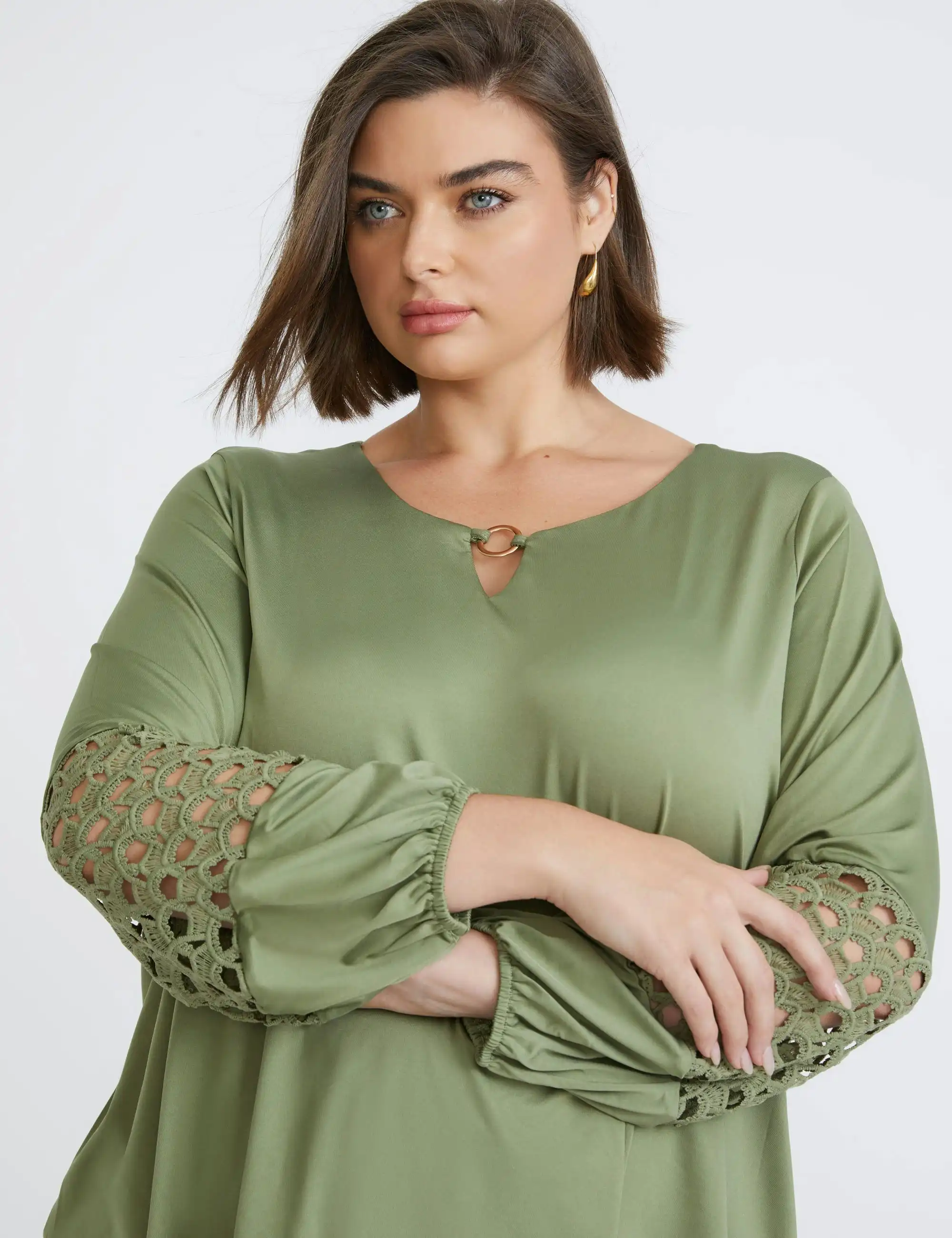 beme Long Sleeve Lace Detail Top (Khaki Onl)