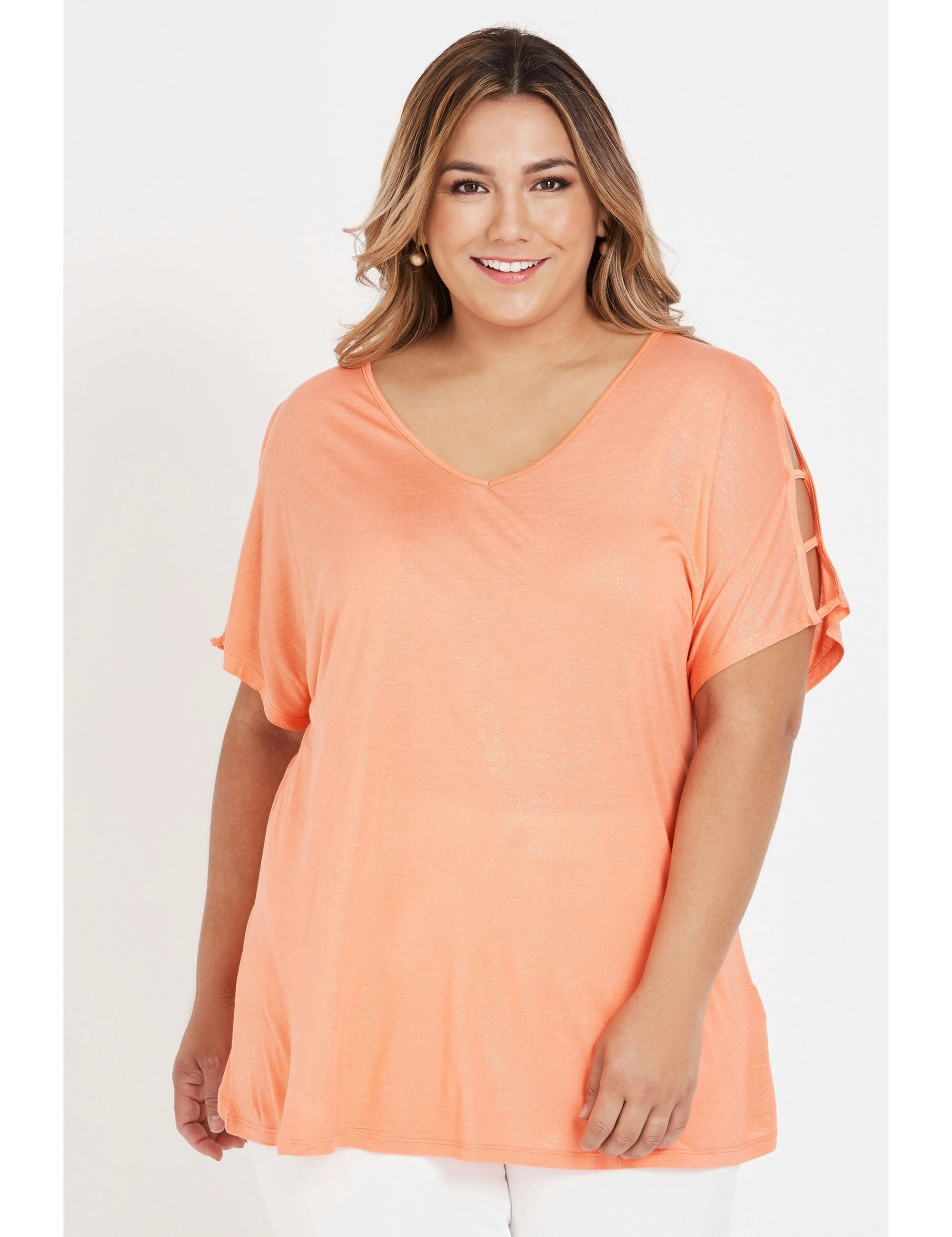 beme Short Sleeve Cut Out Glitter Top (Coral)