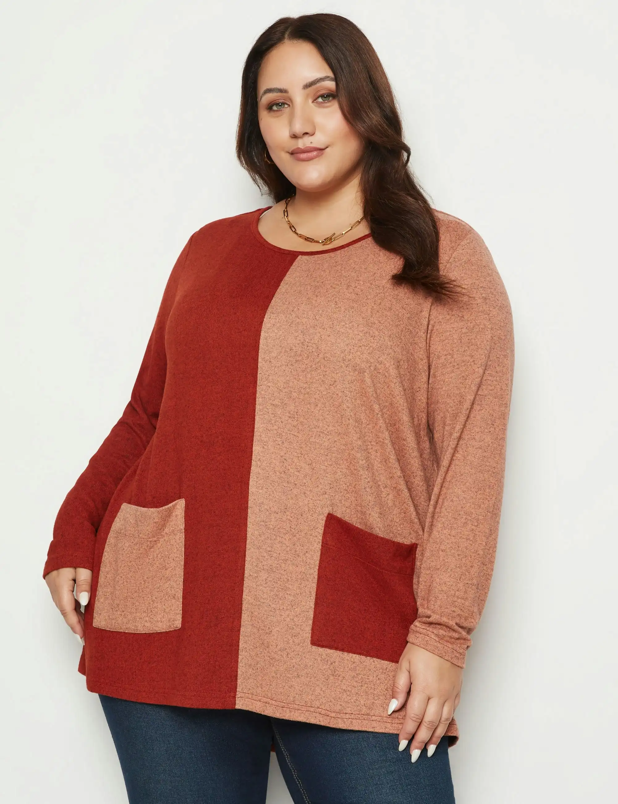 beme Long Sleeve Contrast Colour Knitwear Look Top (Orange)