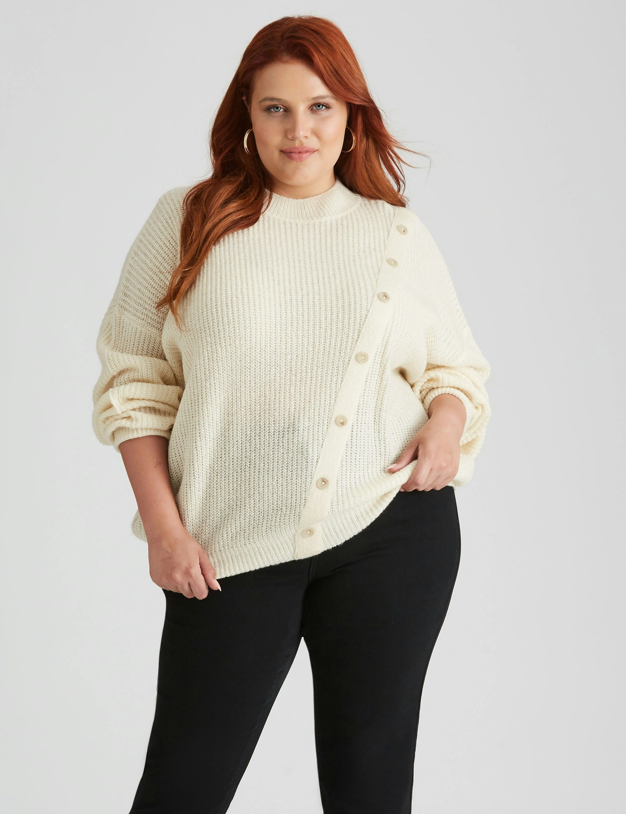 beme Long Sleeve Asymmetric Button Knitwear Jumper (Cream)