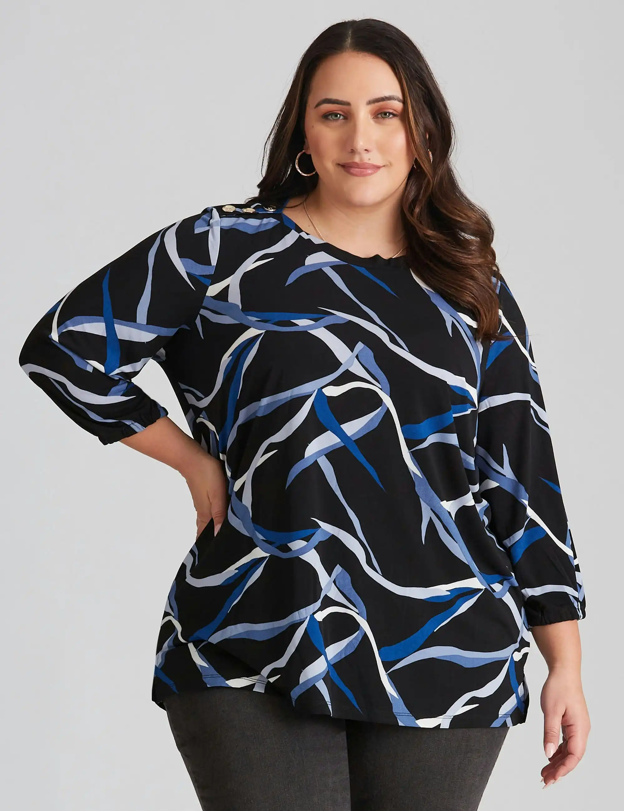 beme Long Sleeve Button Shoulder Top