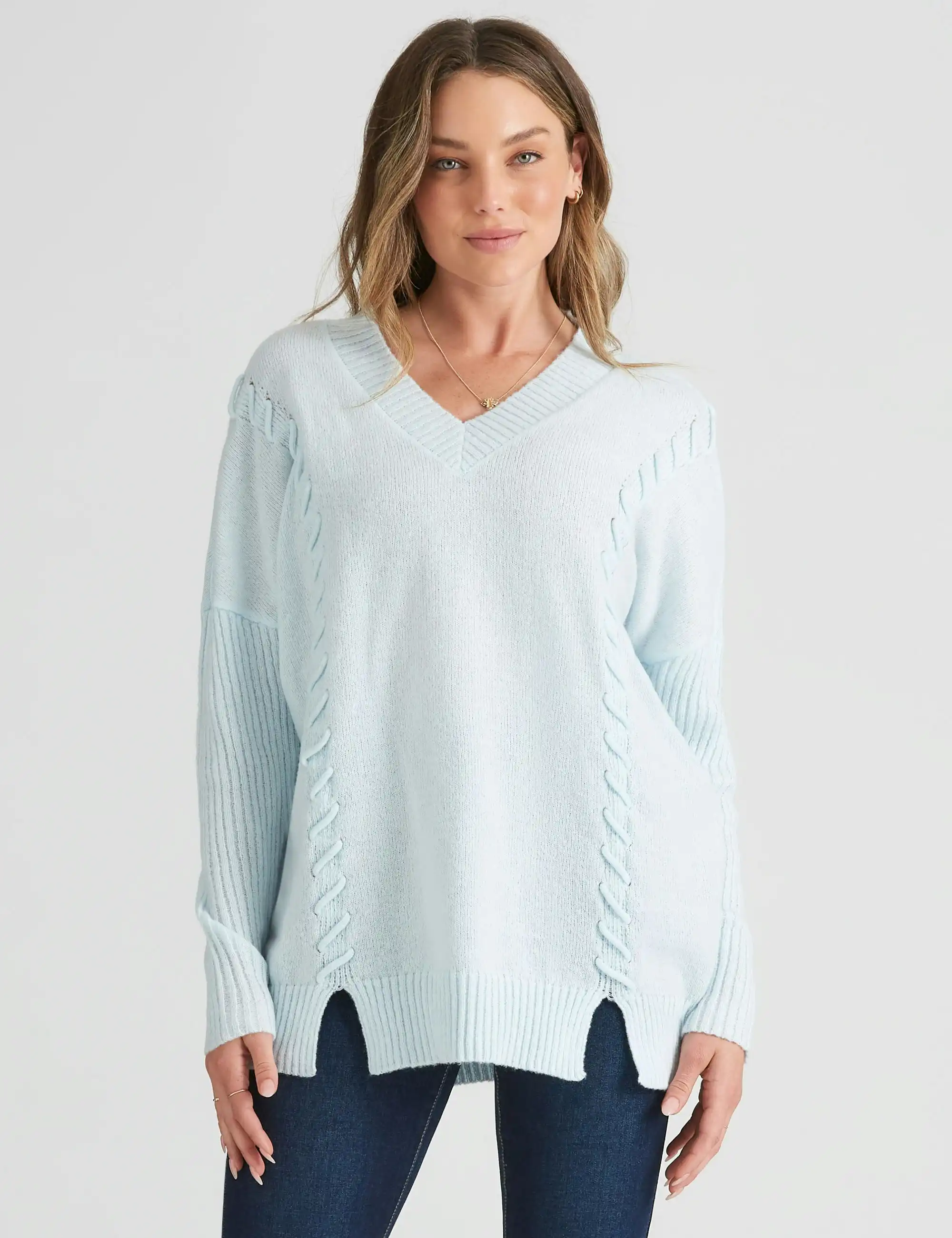 Rockmans Long Sleeve V Neck Laced Detail Knitwear Top (Light Blue Onl)