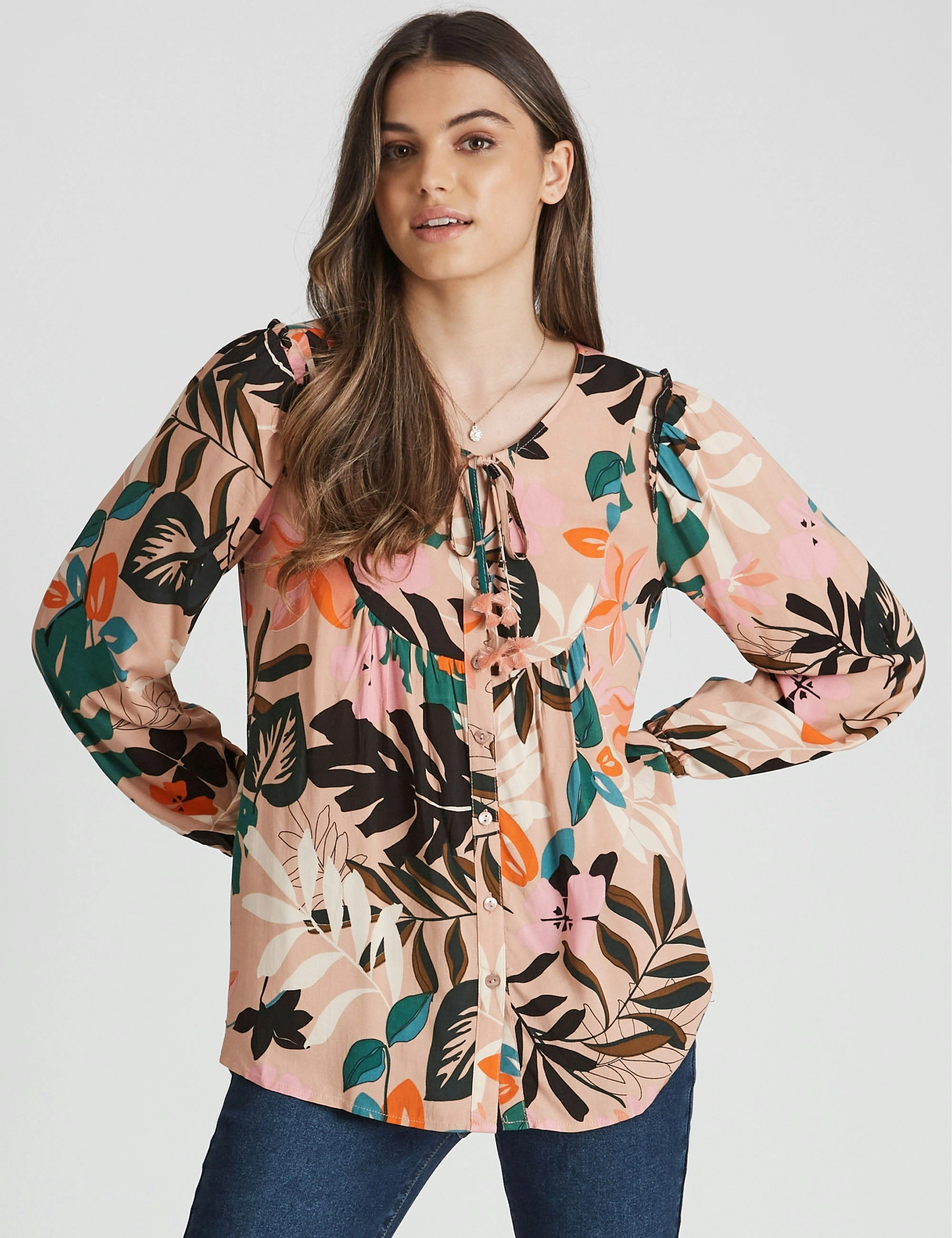 Rockmans Long Sleeve Print Woven Tassel Shirt (Floral Onl)