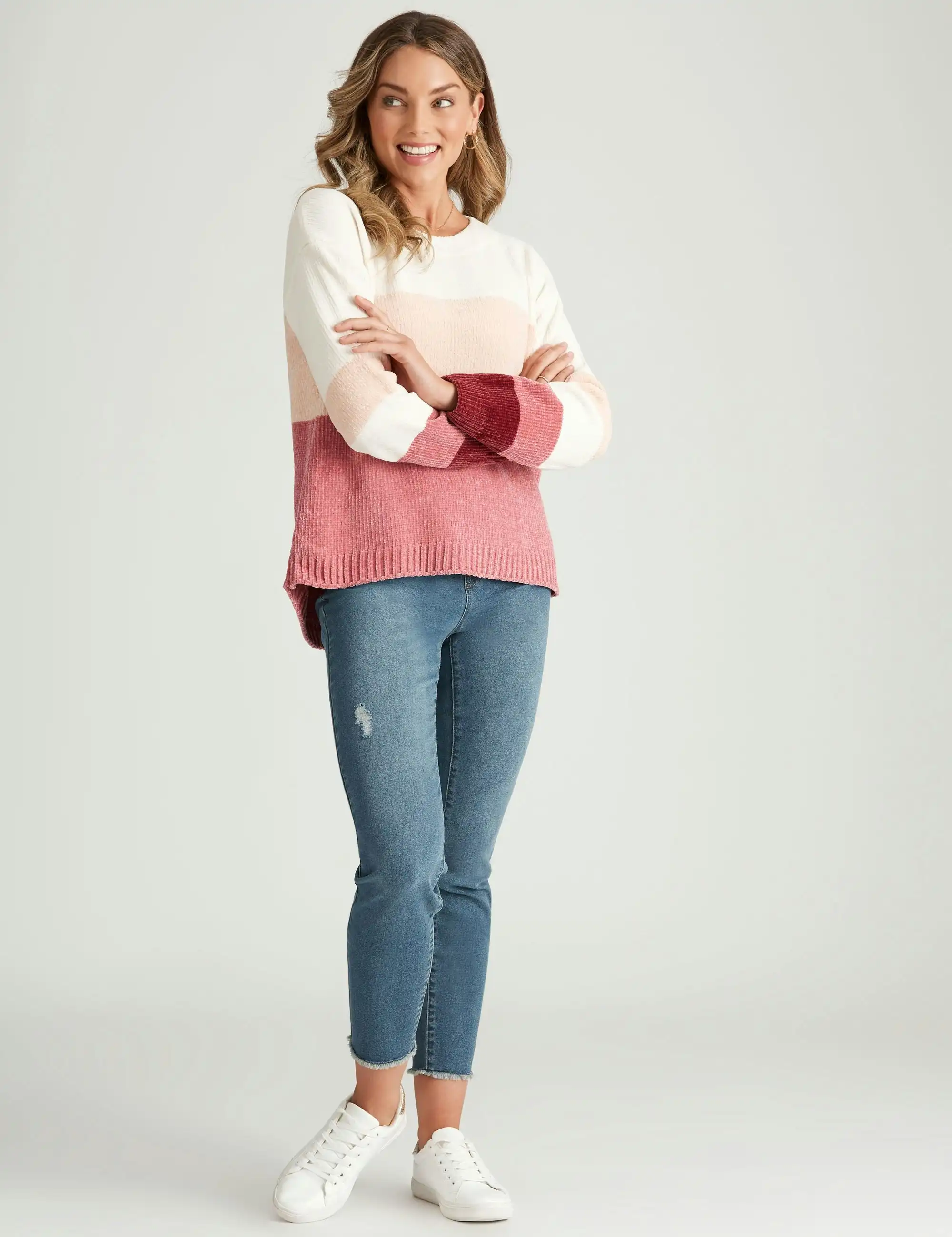 Rockmans Long Sleeve Colour Block Chenille Jumper (Pink Multi)