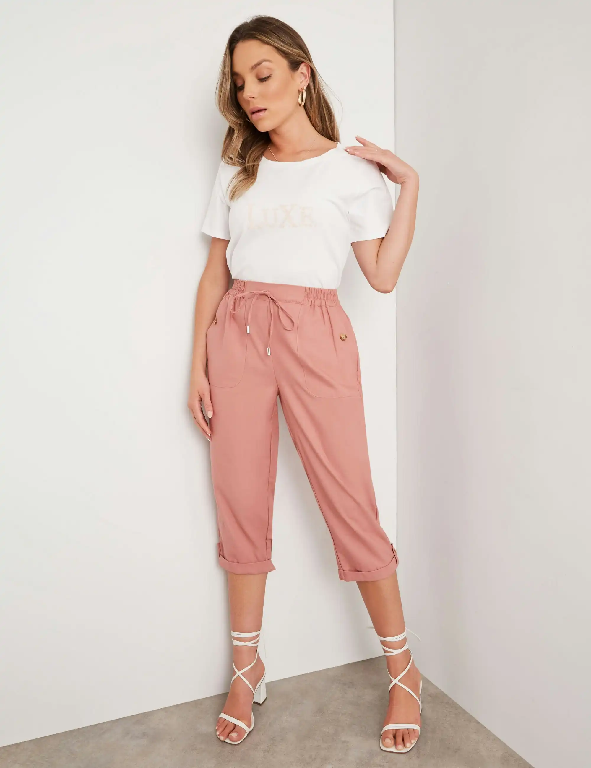 Rockmans Crop Linen Pants (Coral)