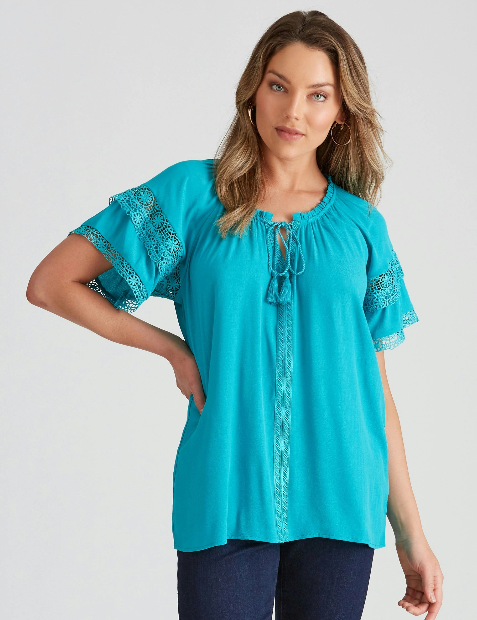 Rockmans Cap Lace Trim Sleeve Woven Top (Lake Blue)