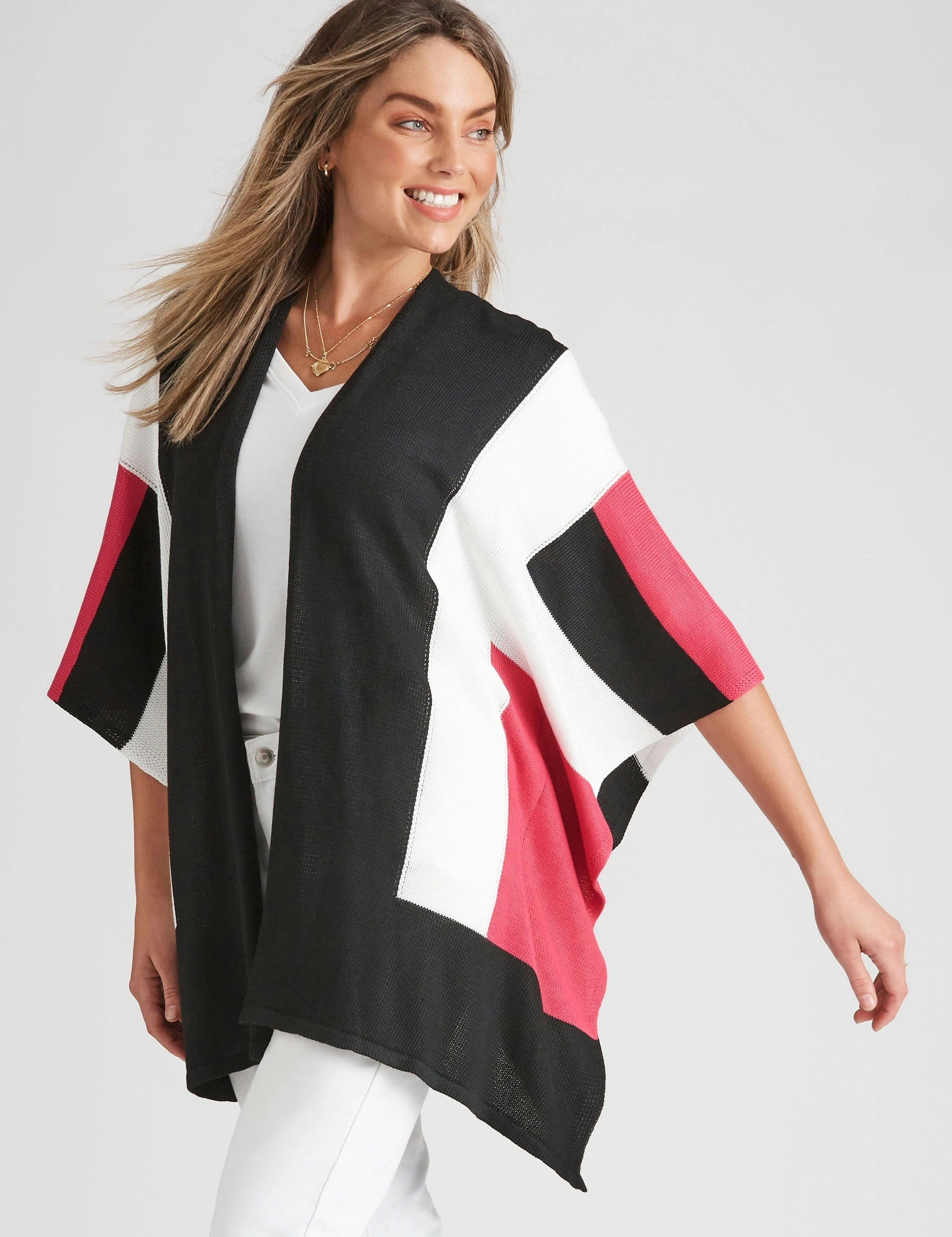 Rockmans Extended Sleeve Colour Block Cardigan (Pink Mix)