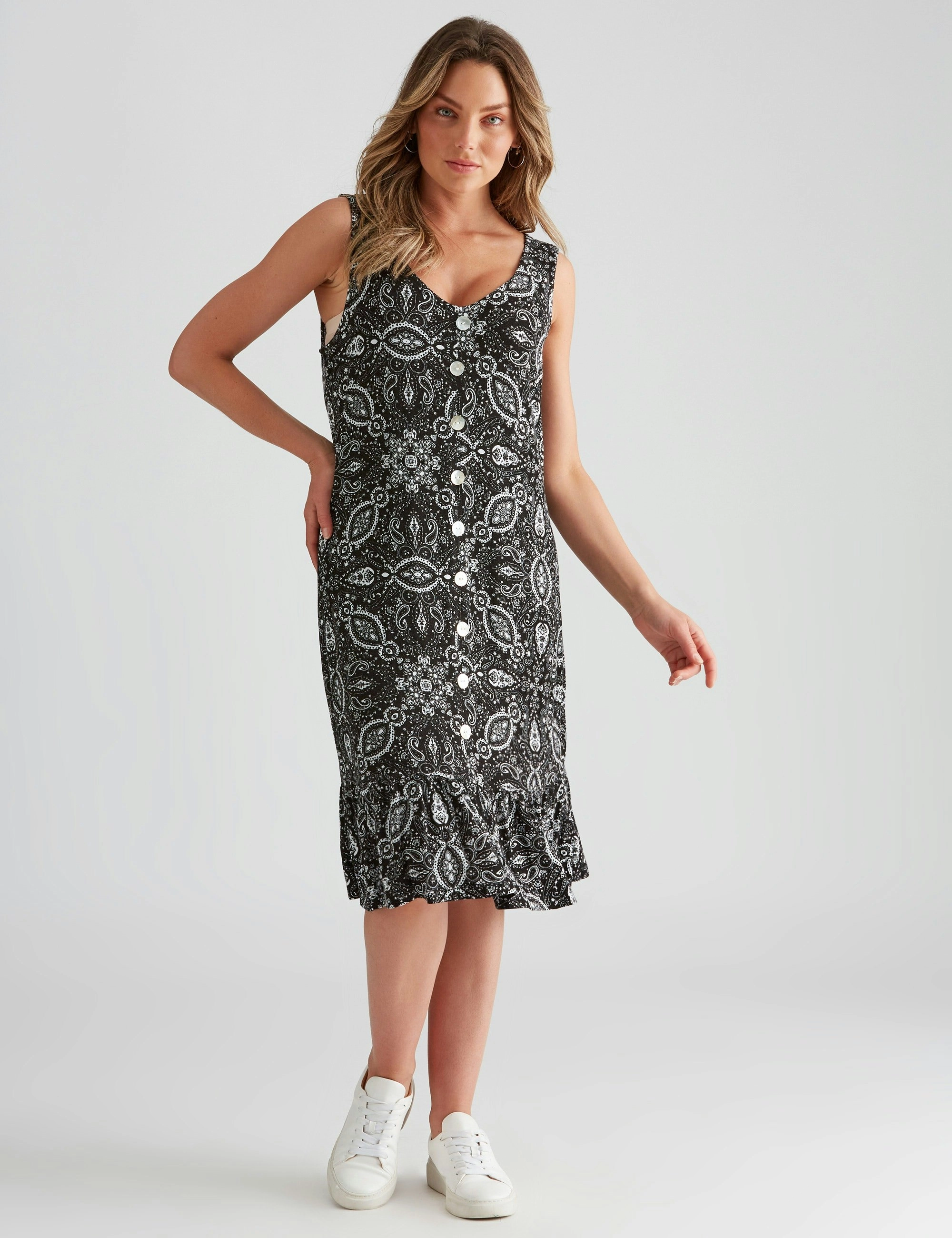 Rockmans Sleeveless Knitwear Knee Length Frill Dress (Paisley Print)