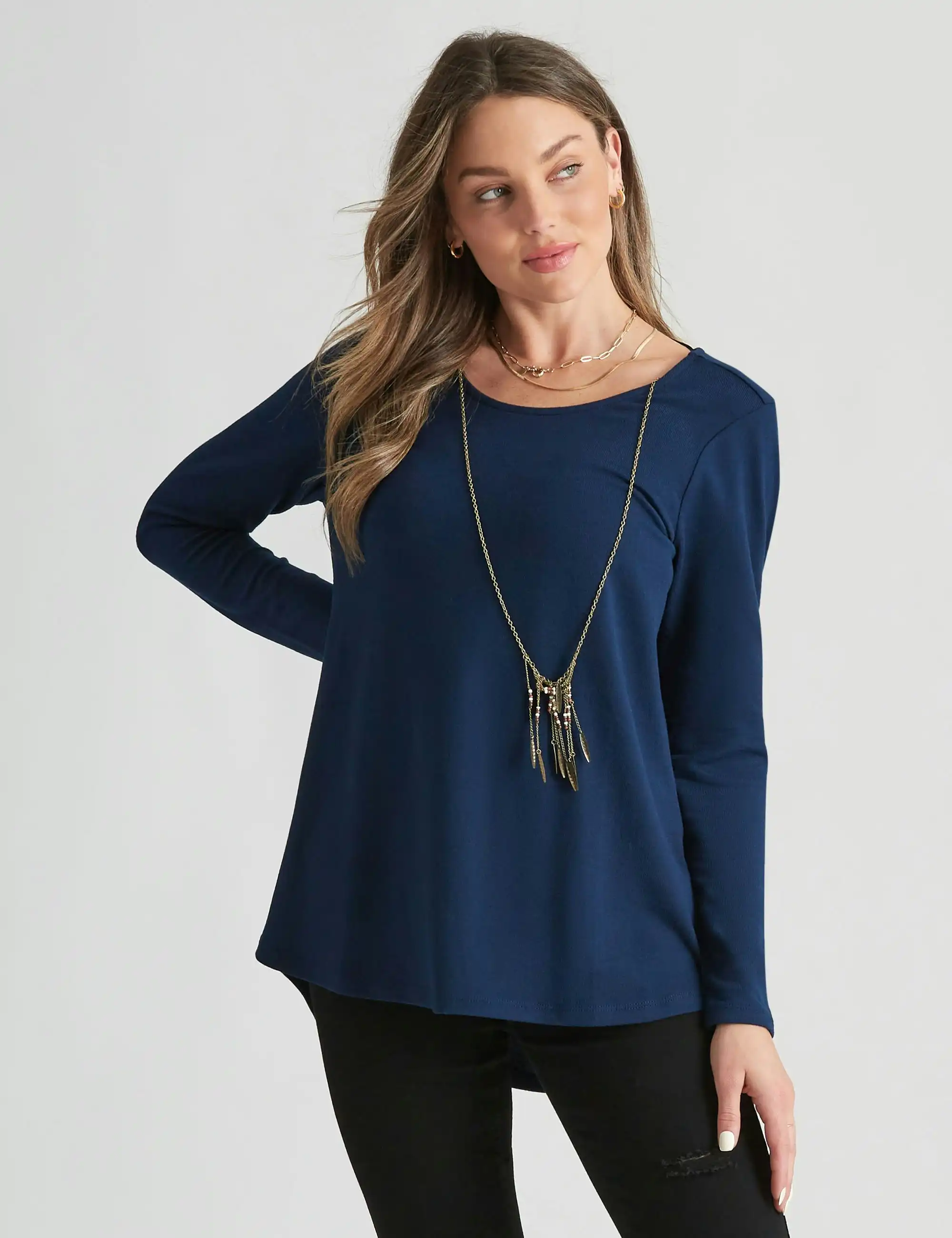 Rockmans Long Sleeve Faux Knitwear Necklace Top (Navy Marle Onl)