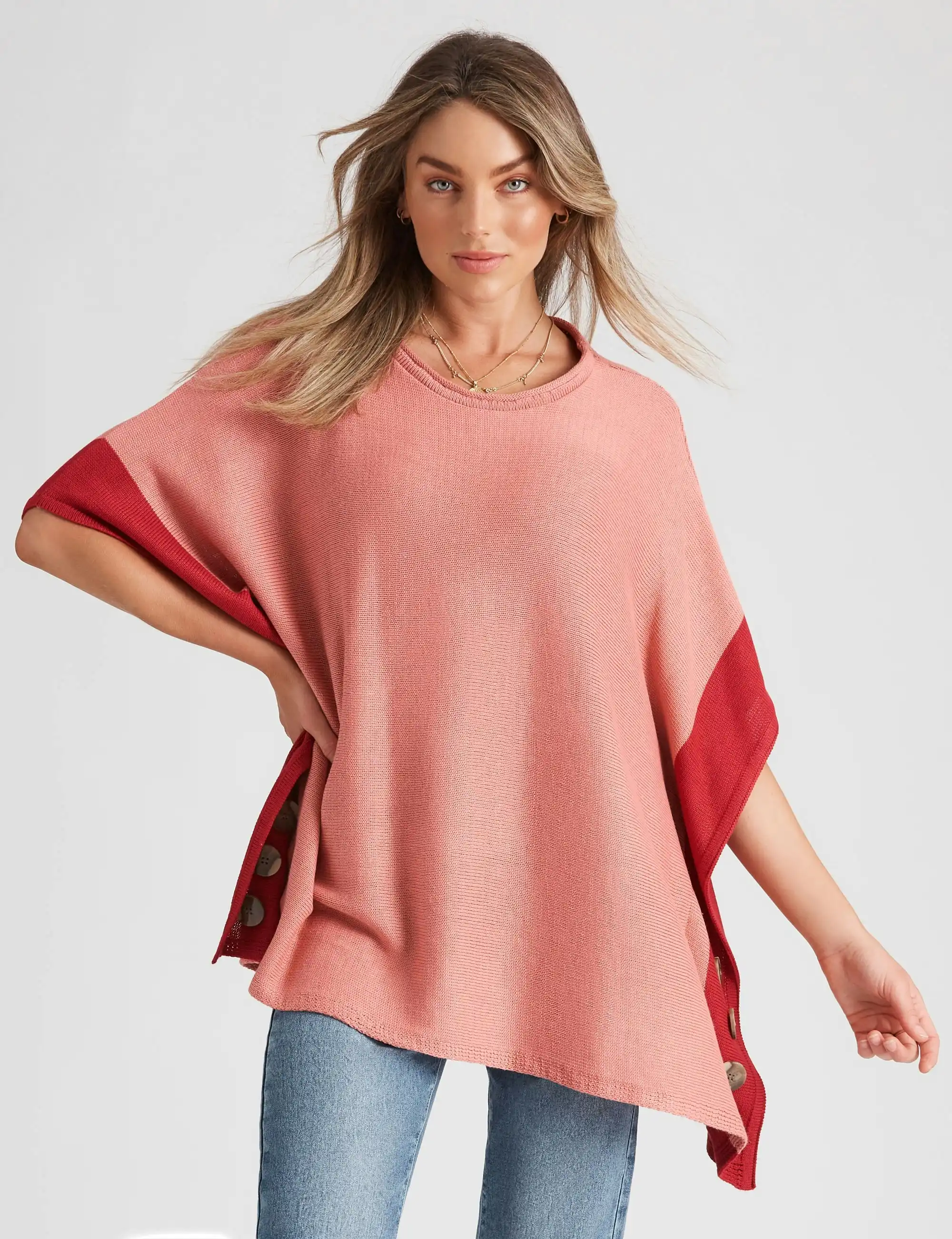 Rockmans Elbow Sleeve True Knitwear Poncho Buttons (Pink Red)