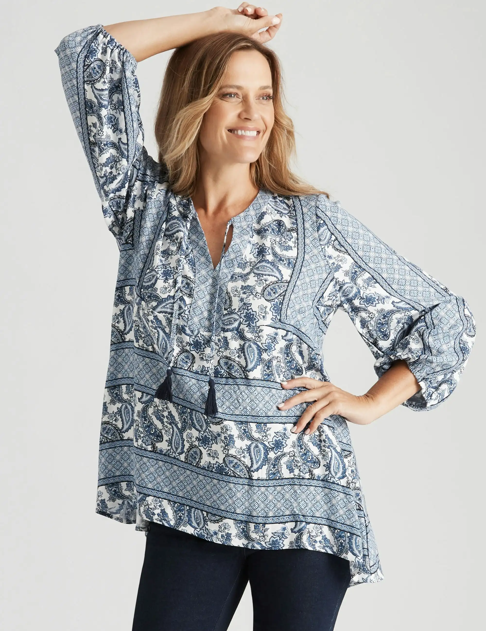 Millers Long Sleeve Placement Peasant Blouse (Blue Paisley)