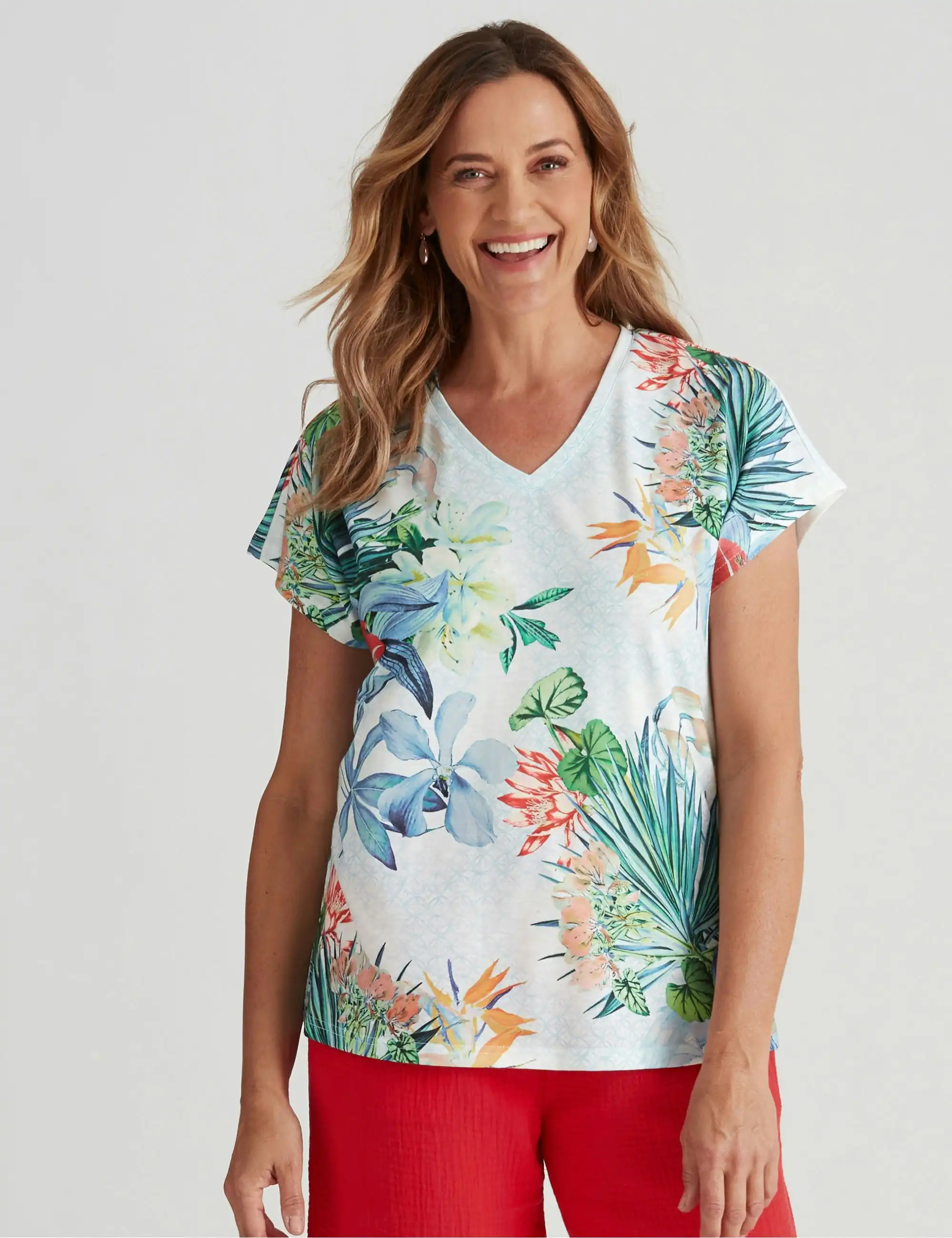 Millers Short Sleeve Printed V-Neck Slub Top (Tropical Placement)