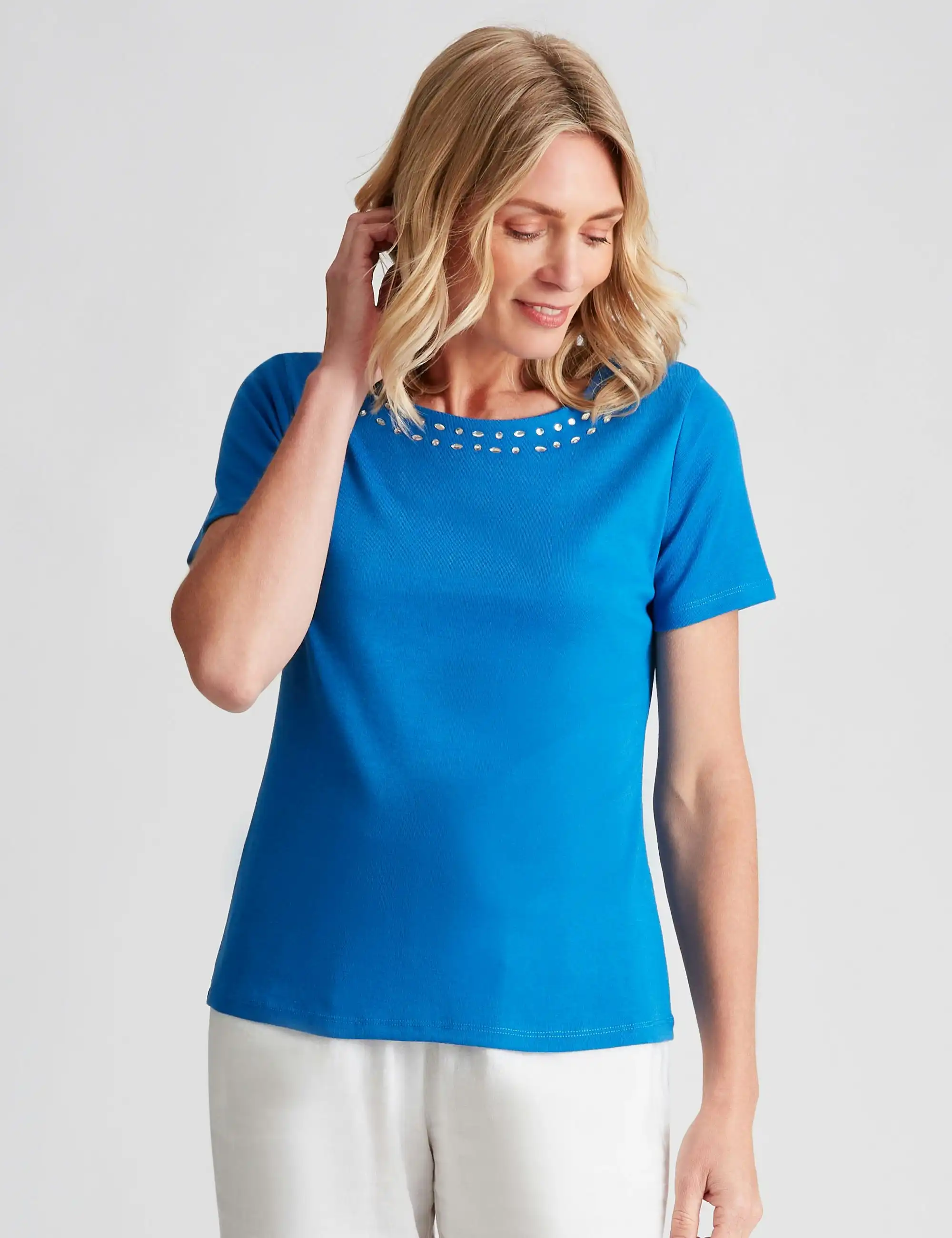 Noni B Round Neck Jewelled Rib Top (French Blue)