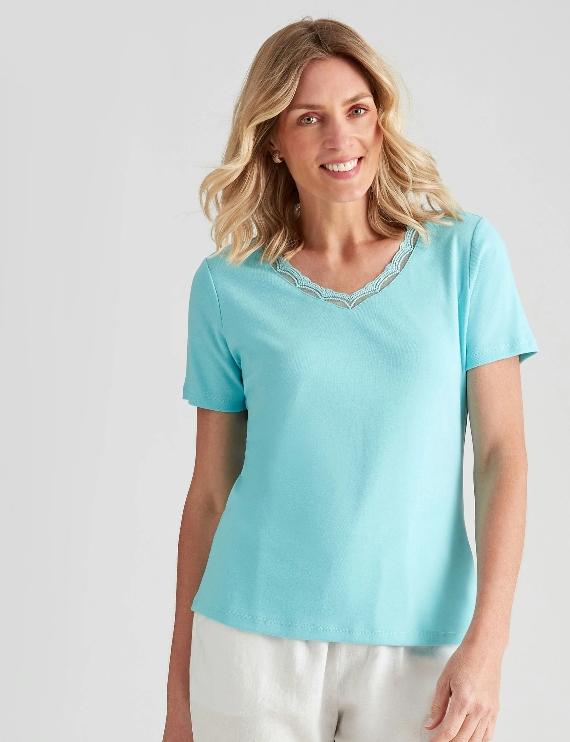 Noni B Lace V Neck Rib T-Shirt (Aqua Splash)