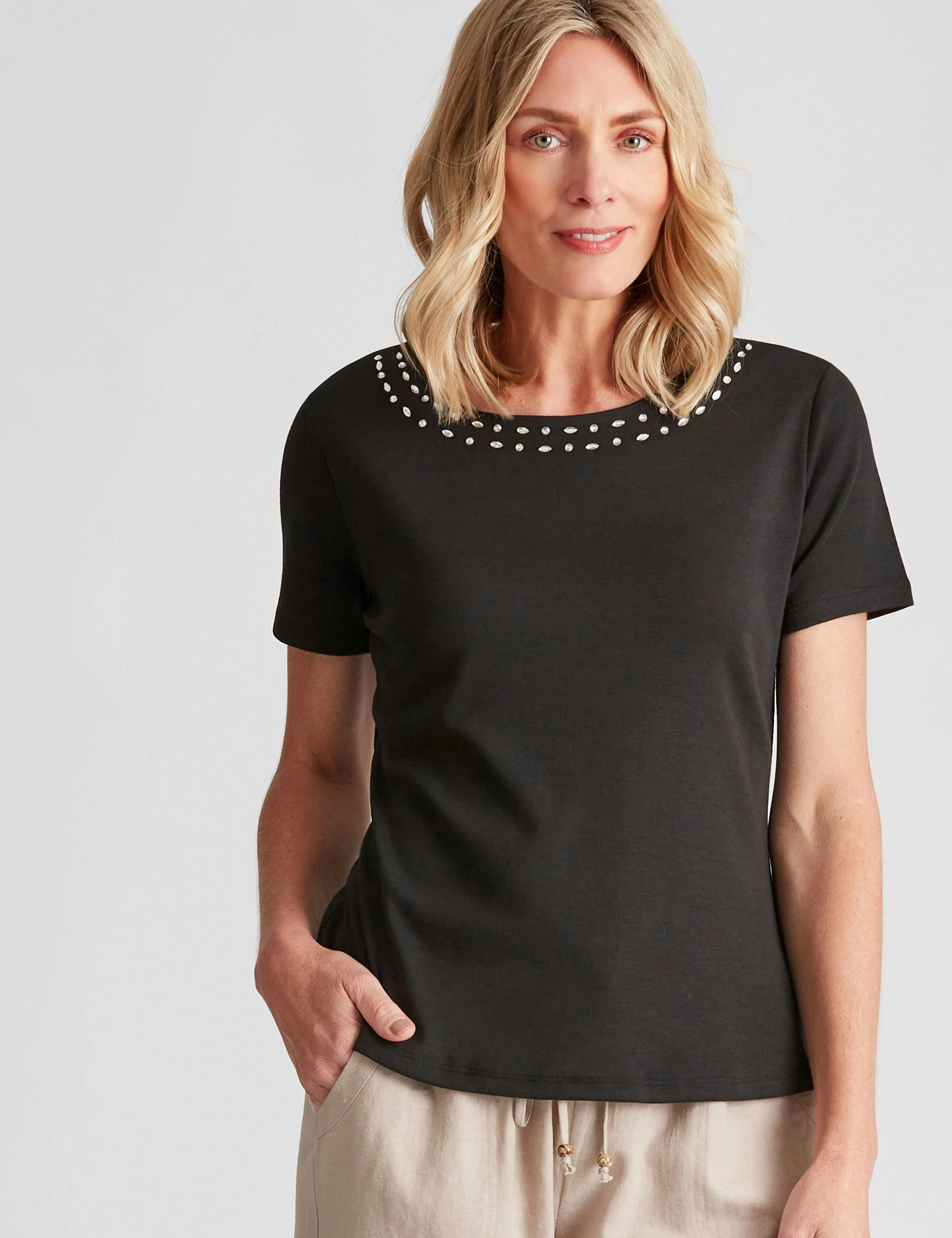 Noni B Round Neck Jewelled Rib Top (Jet Black)