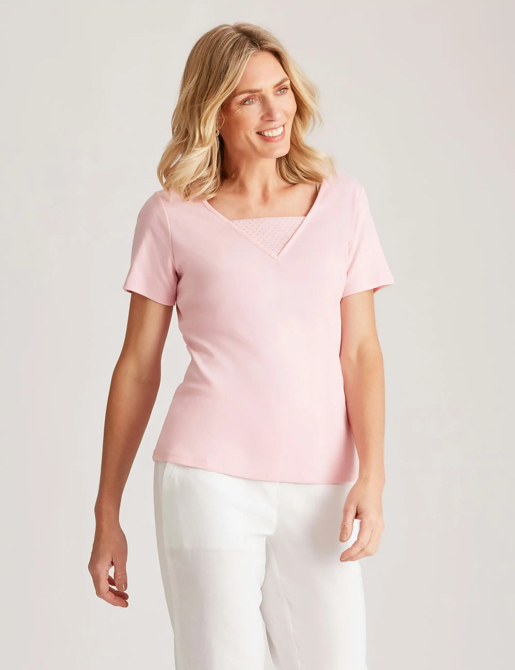 Noni B V Neck Stud Detail Rib Top (Pale Pink)