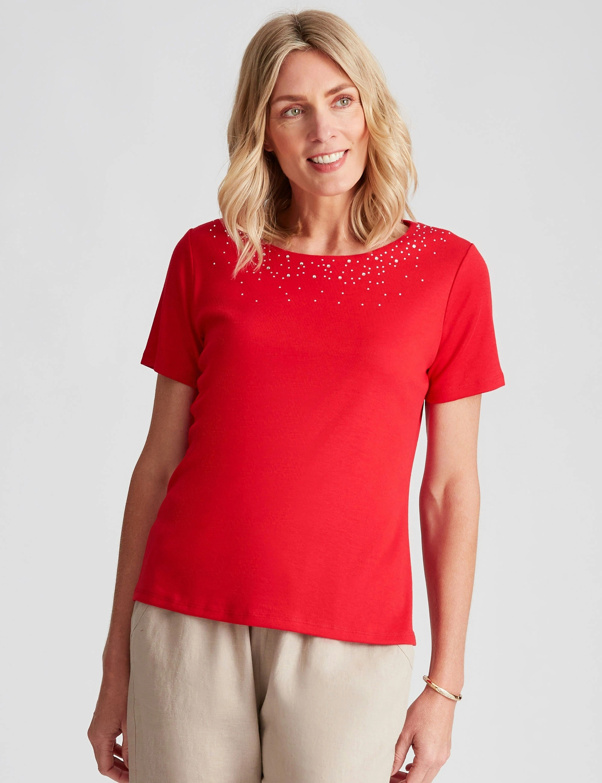 Noni B Round Neck Hot Fix Rib Top (Poppy Red)