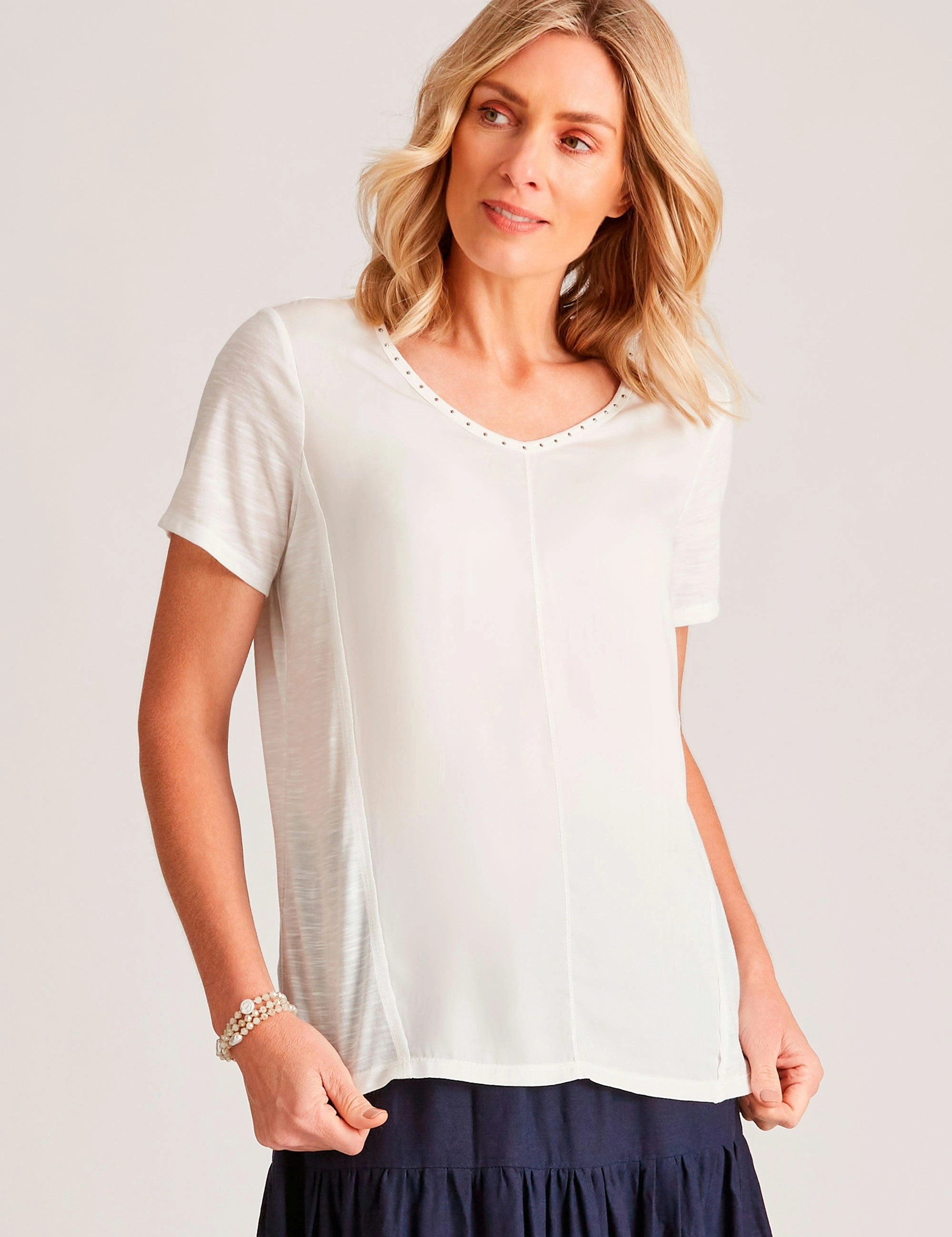 Noni B Diamante V Neck Detail Top (White)