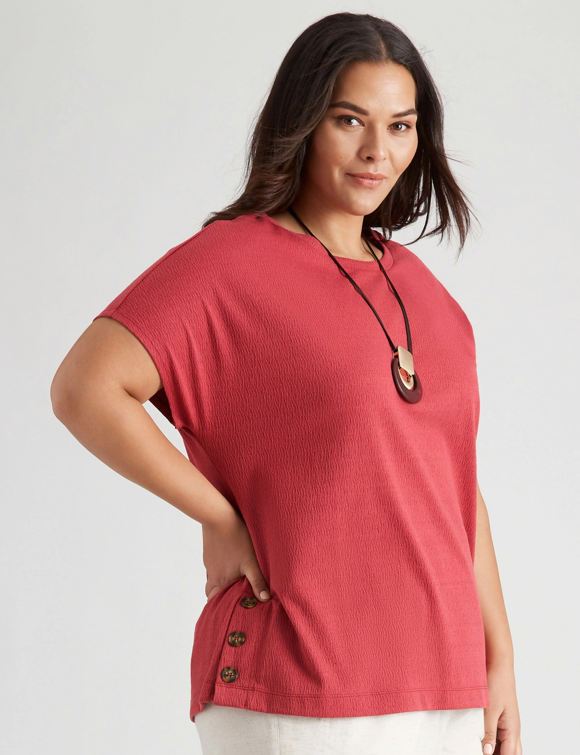 Autograph Knitwear Short Sleeve Textured Side Button Top (Raspberry)