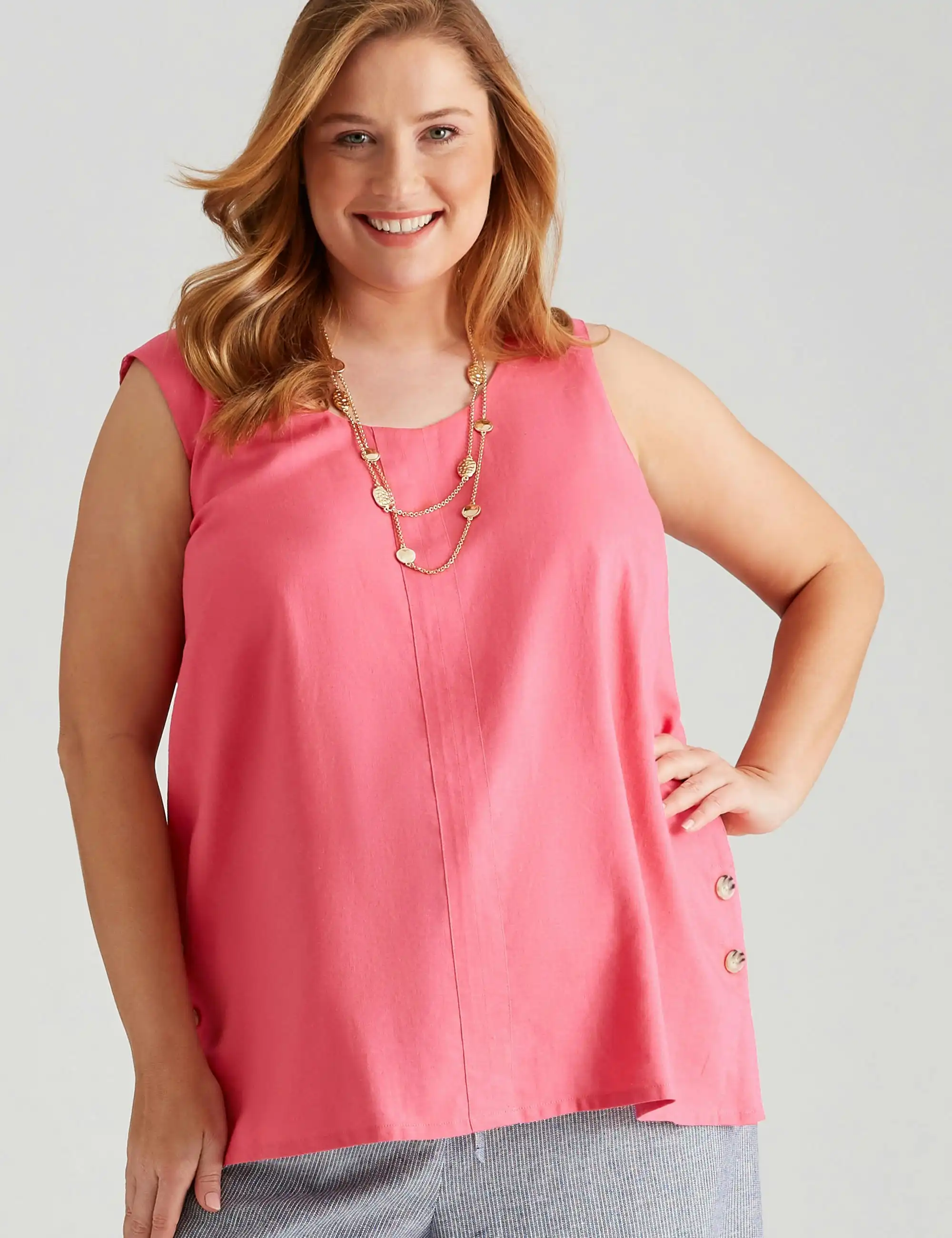 Autograph Woven Button Trim Shell Top (Coral)