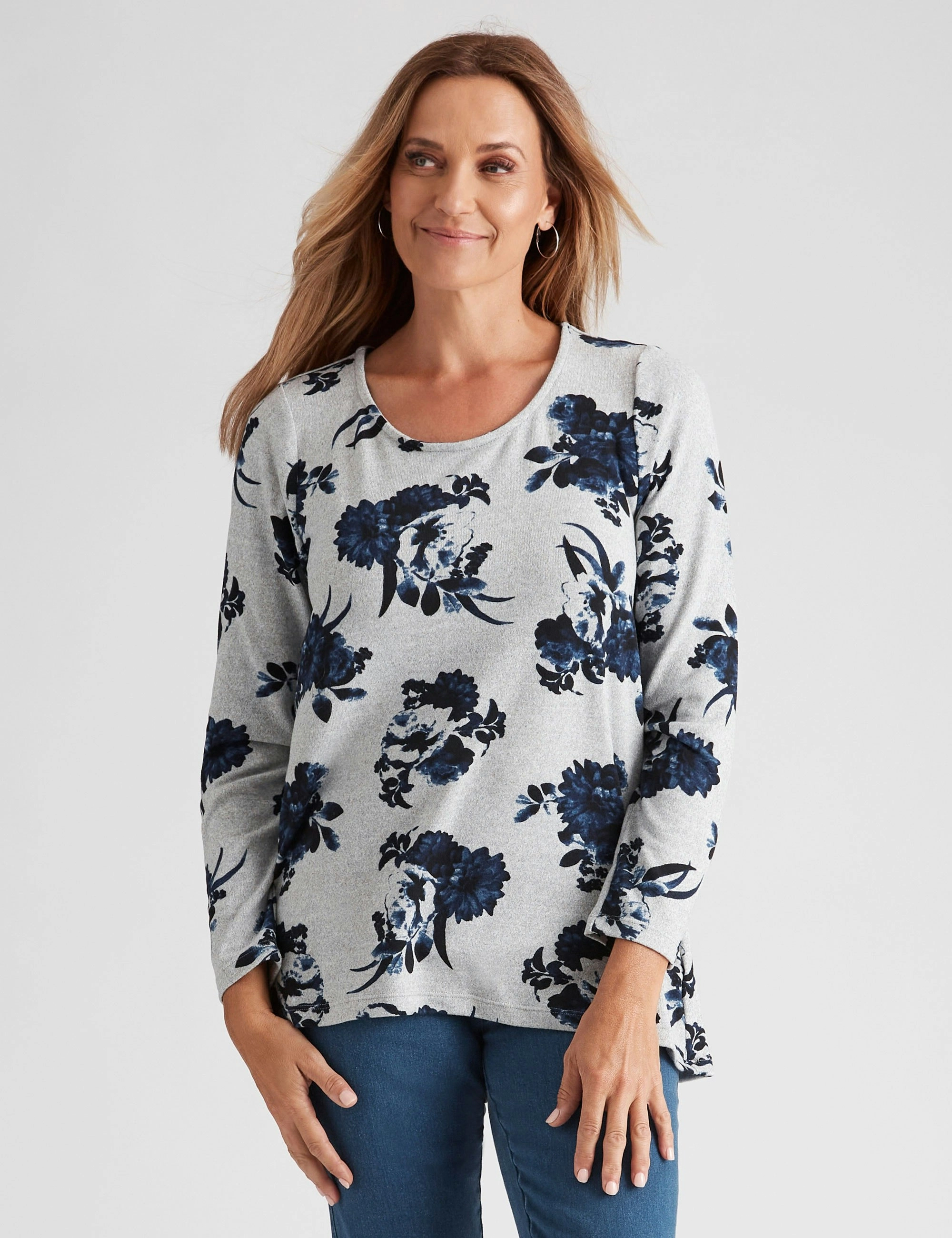 Millers Long Sleeve Brushed Scoop Neck Top (Blue Floral)