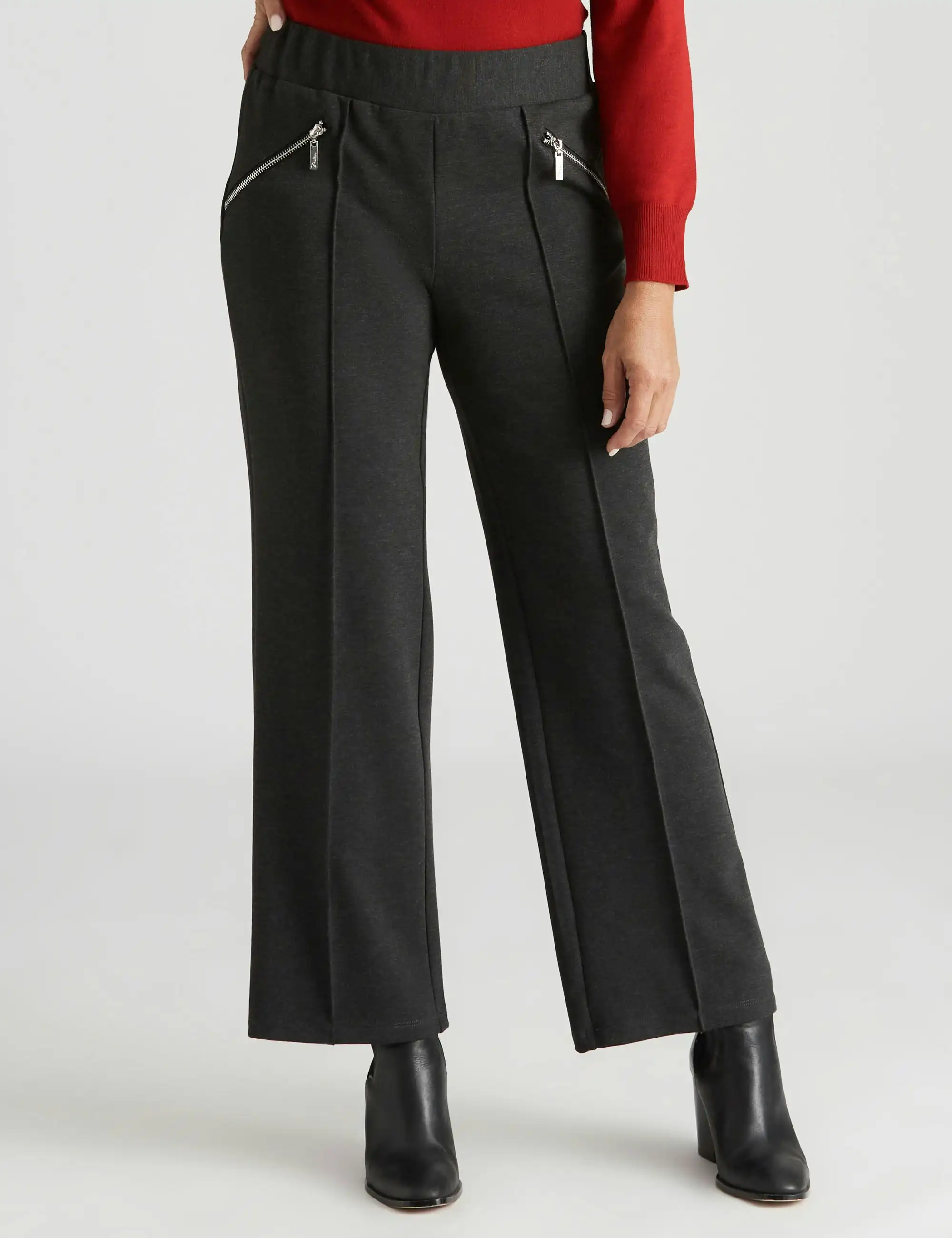 Millers Full Length Wide Leggs Pannelled Ponte Zipped Pants (Charcoal Marl)