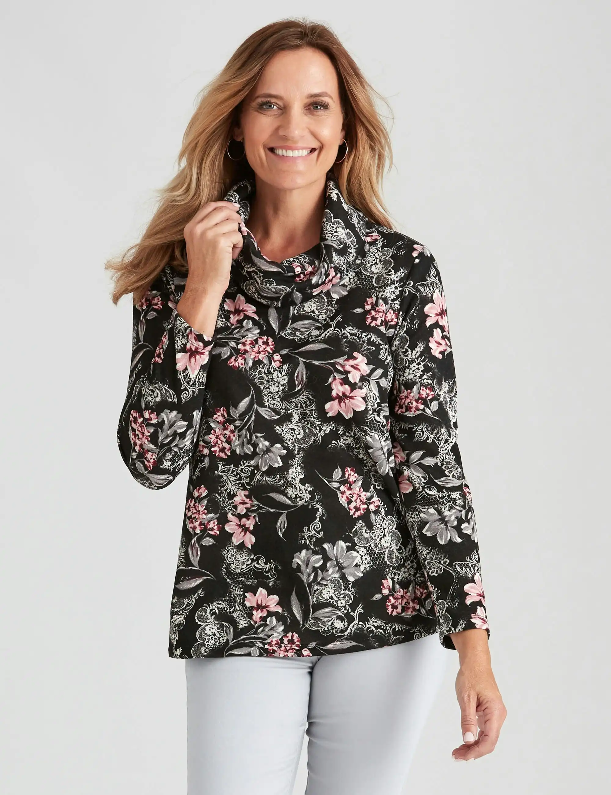 Millers Long Sleeve Print Cowl Top (Blush Floral)