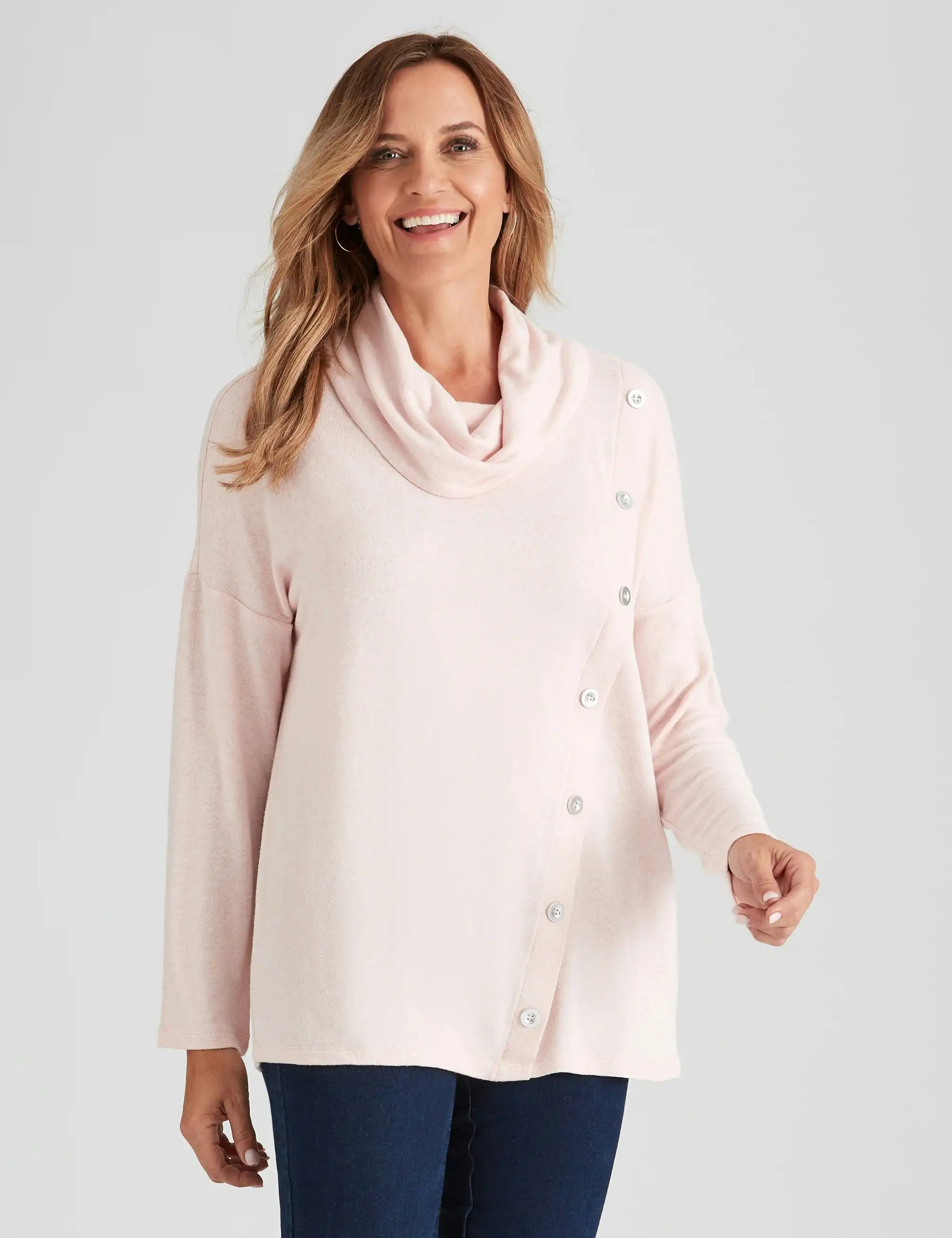 Millers Long Sleeve Brushed Cowl Neck With Button Detail Top (Rose Pink Melange)