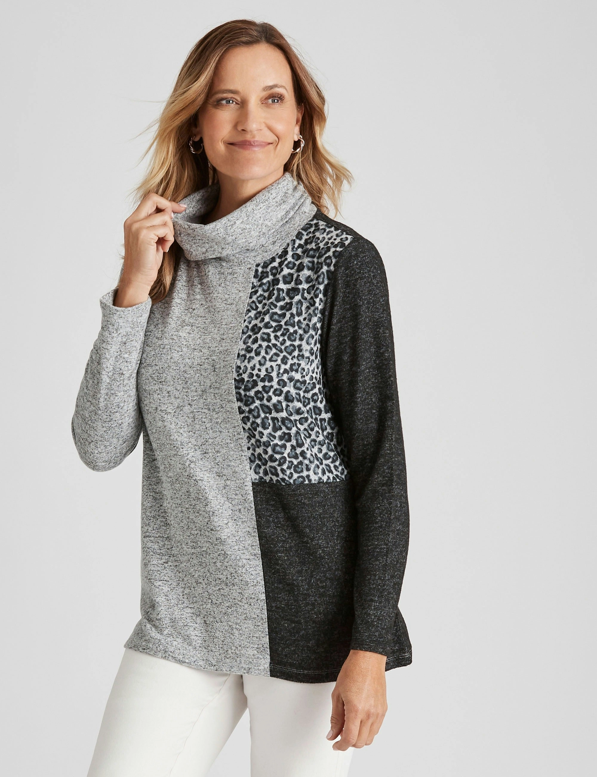 Millers Long Sleeve Brushed Tunic Top (Grey Leopard Block)