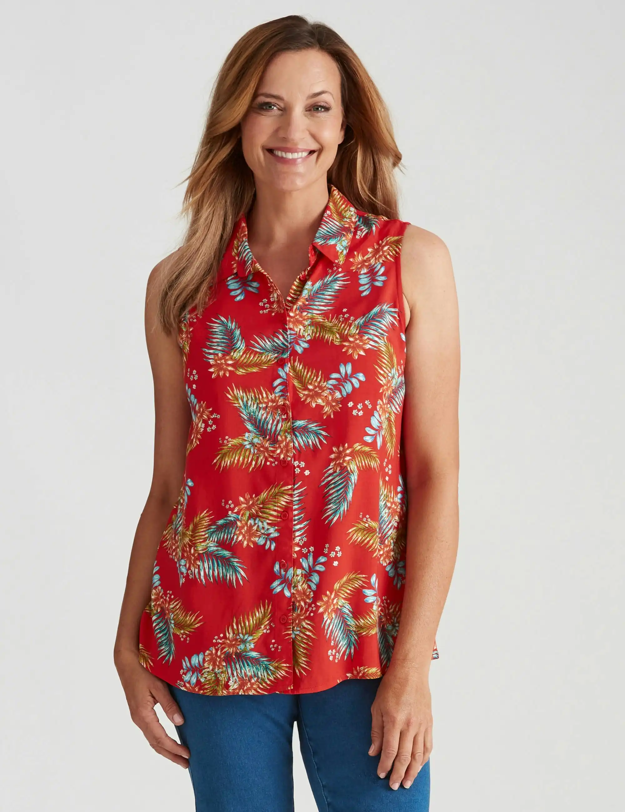 Millers Printed Sleeveless Rayon Blouse (Red Tropical)