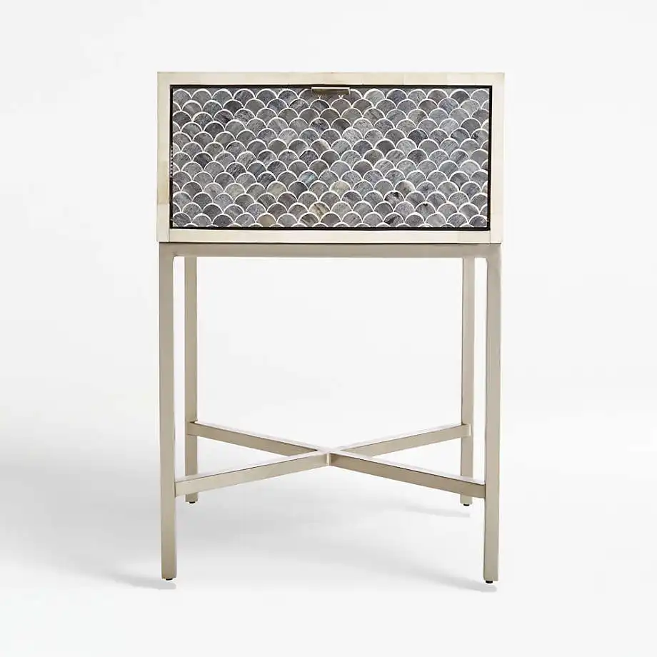 Zohi Interiors Scallop Bone Inlay Nightstand in Grey - Low Stock