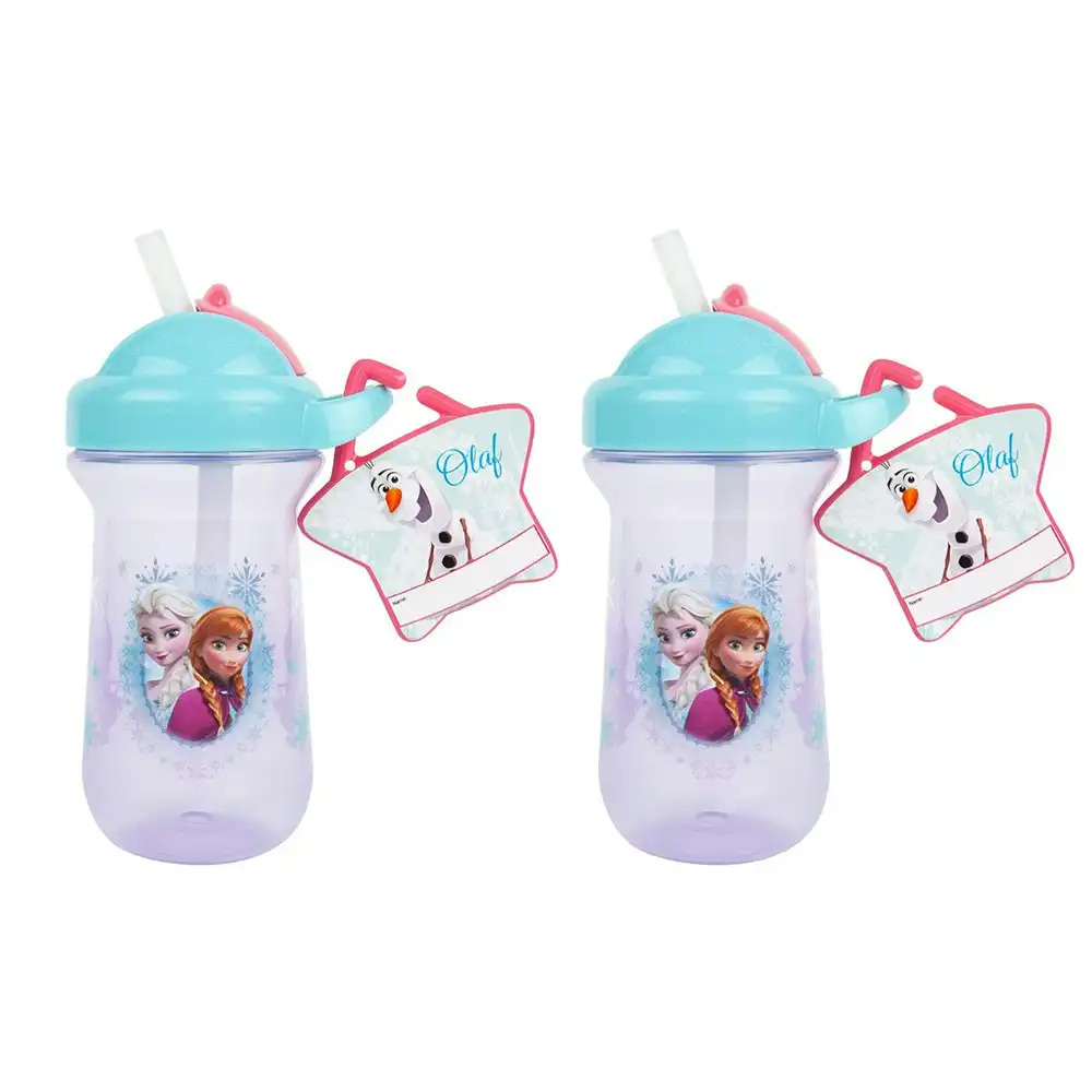 2x Frozen Flip Top Straw Drink/Juice/Milk BPA Free Cup w/ Name Tag Todddler 18m+