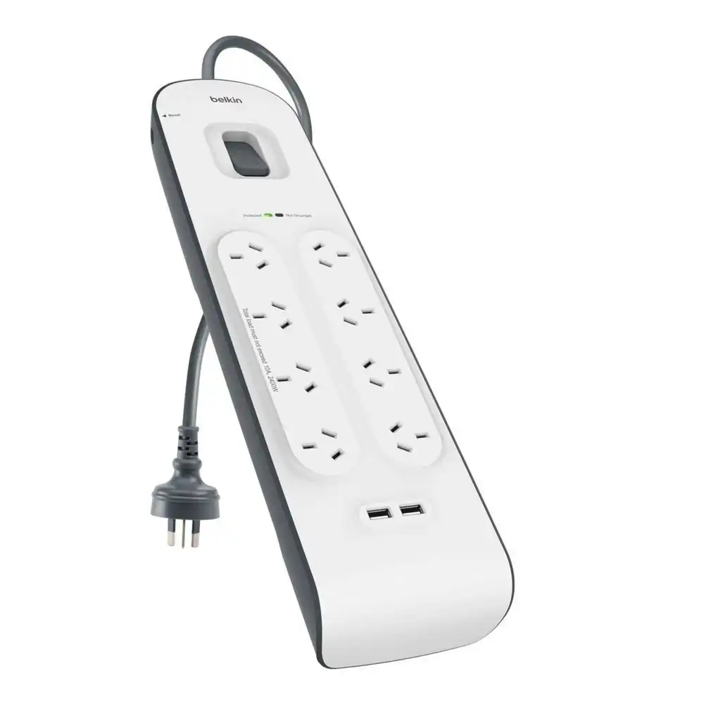 Belkin 8 Way Outlet Surge Protector 2M Power Board 2.4A w 2 USB Ports Charger