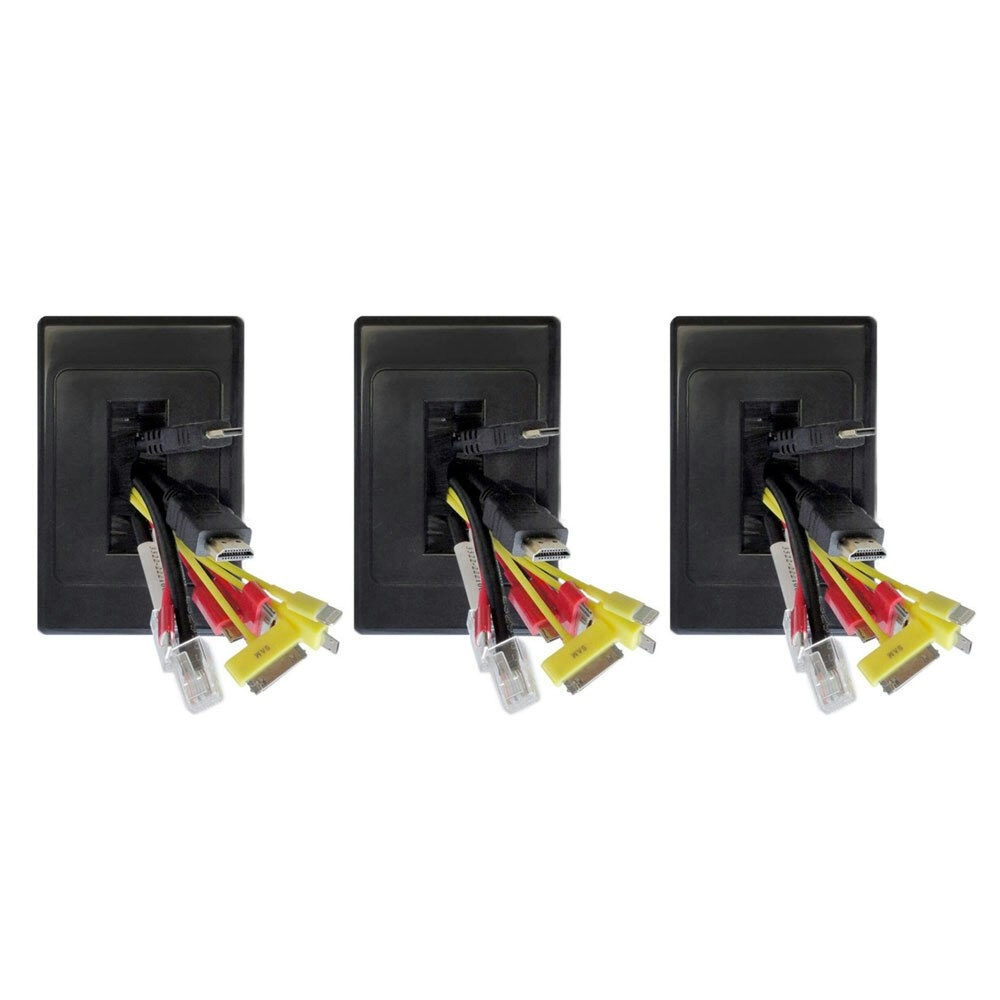 3x Pro2 Black Wall Plate/Brush Outlet Cover For Cable Lead  Management/Organiser