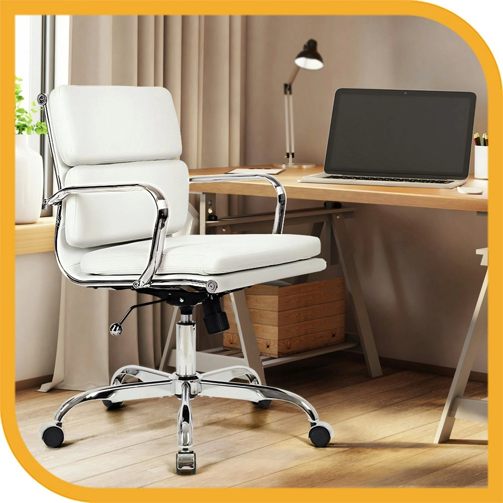 Furb Office Chair Executive Mid-Back Computer PU Leather Work Eames Replica White Silver