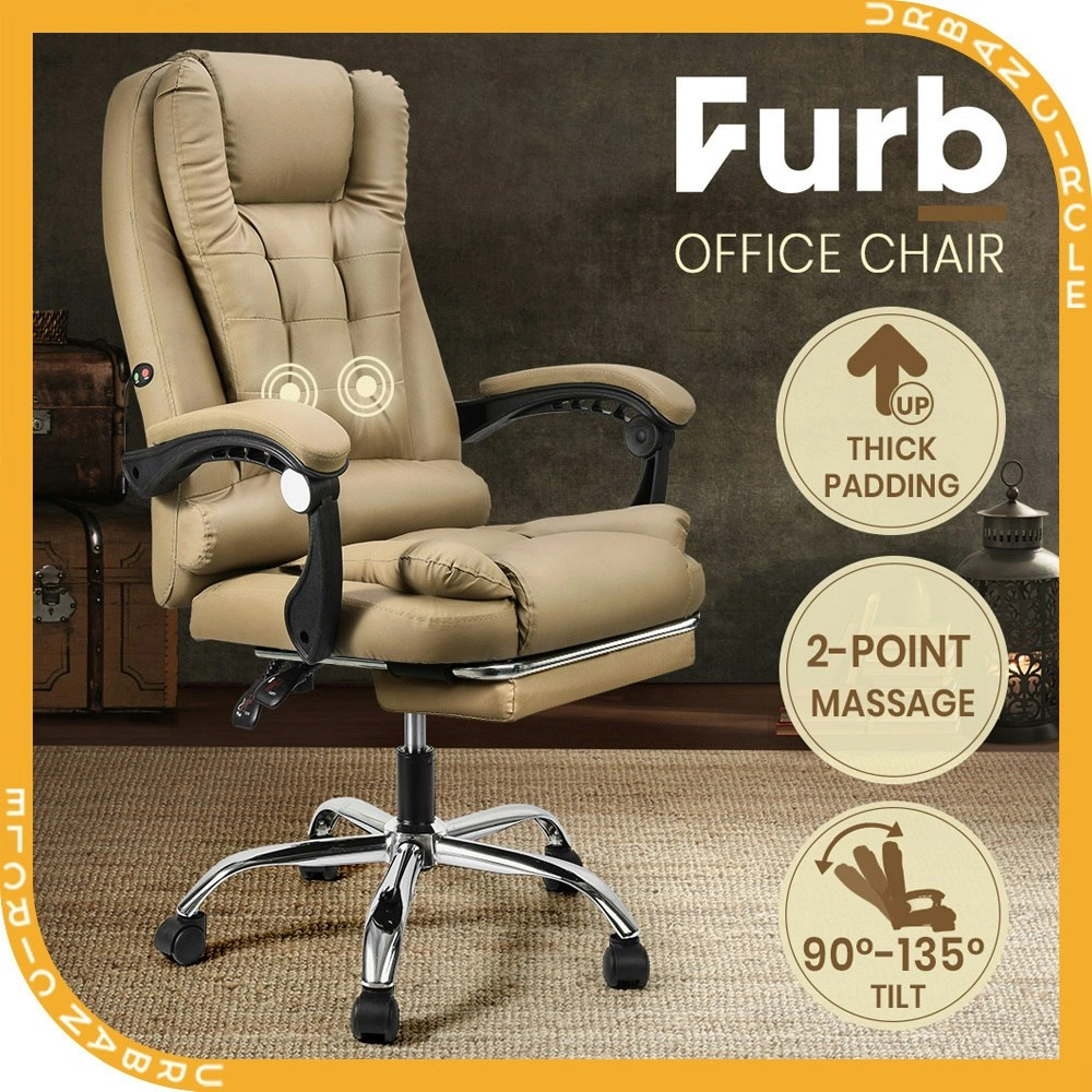 Furb Massage Office Chair Executive PU leather Seat Ergonomic Support Footrest Khaki