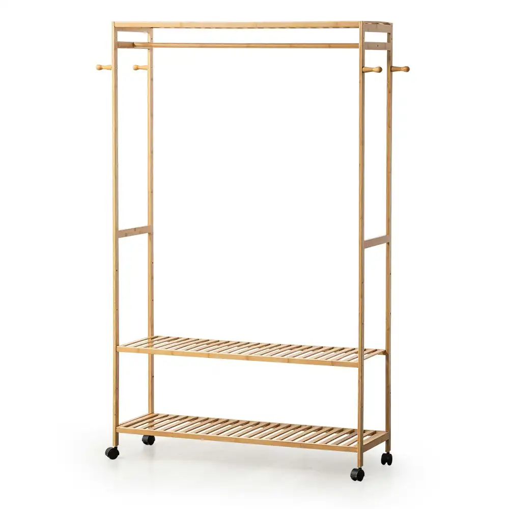 Furb Bamboo Clothes Rack Open Garment Coat Hanger Stand Shoes Storage Shelf Wheels Closet Organiser