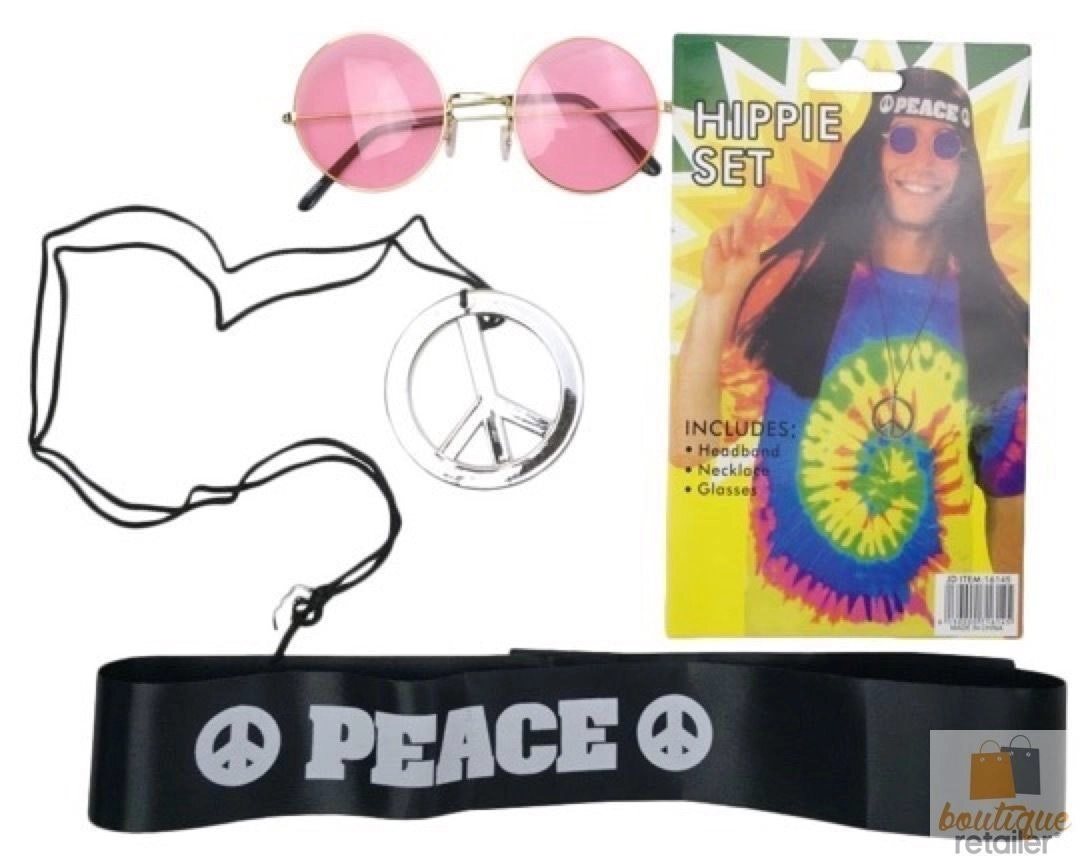 Hippie Kit Set Headband Glasses Pendant Peace Sign Necklace 60s 70s Costume