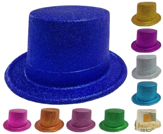 12x GLITTER TOP HAT Fancy Party Plastic Costume Tall Cap Fun Dress Up BULK