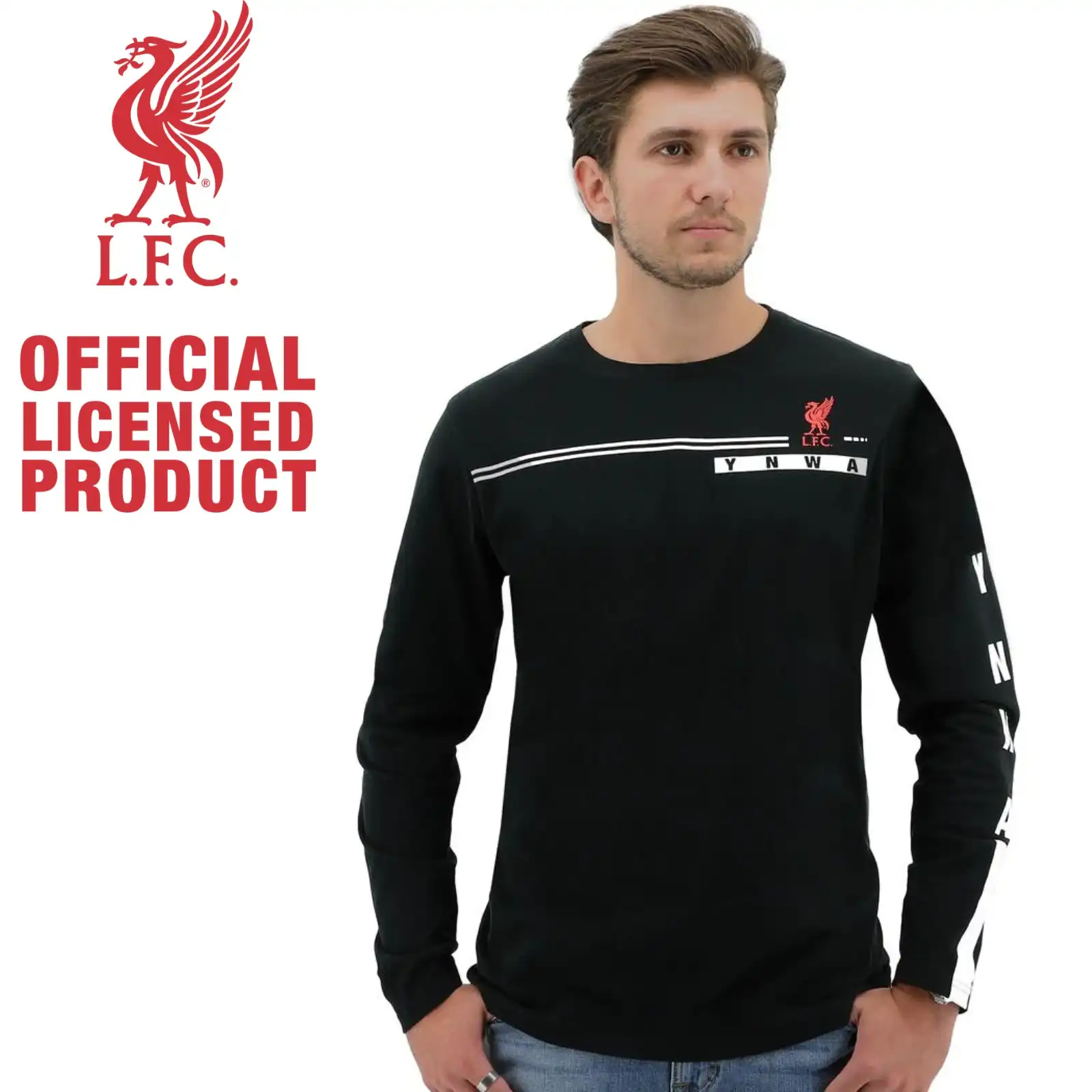 Liverpool FC Men's Long Sleeve Crew T Shirt Tee Top Soccer Football YNWA - Black